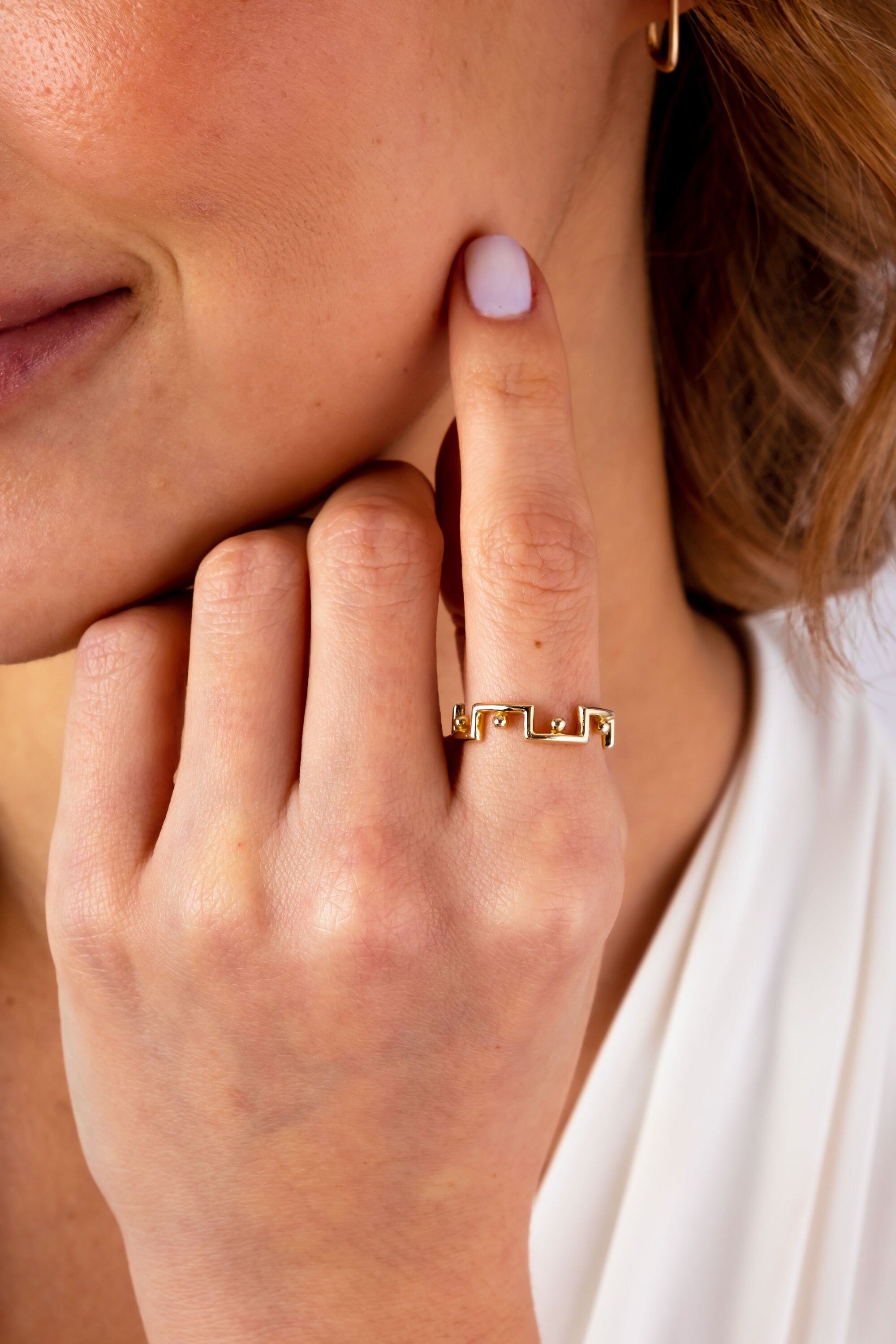 14K Gold Edge Ring, Dainty Geometric Bead Ring, Chunky Edge Gold Ring, Designer Thick Band Statement Ring, Angular Ring Real Gold