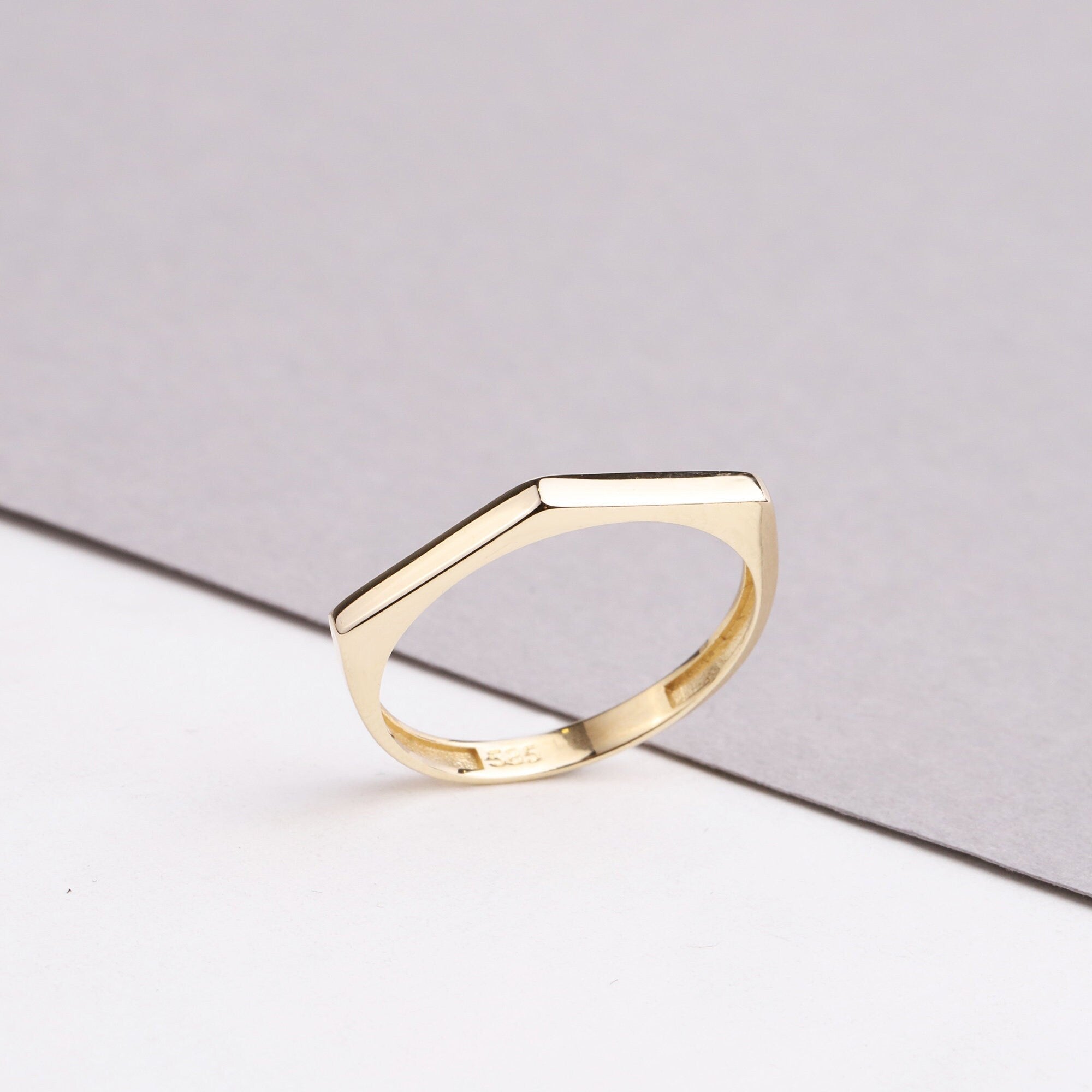 14K Gold Edge Ring, Dainty Geometric Band Ring, Chunky Two Face Edge Gold Ring, Thick Band Statement Ring, Angular Ring Real Gold