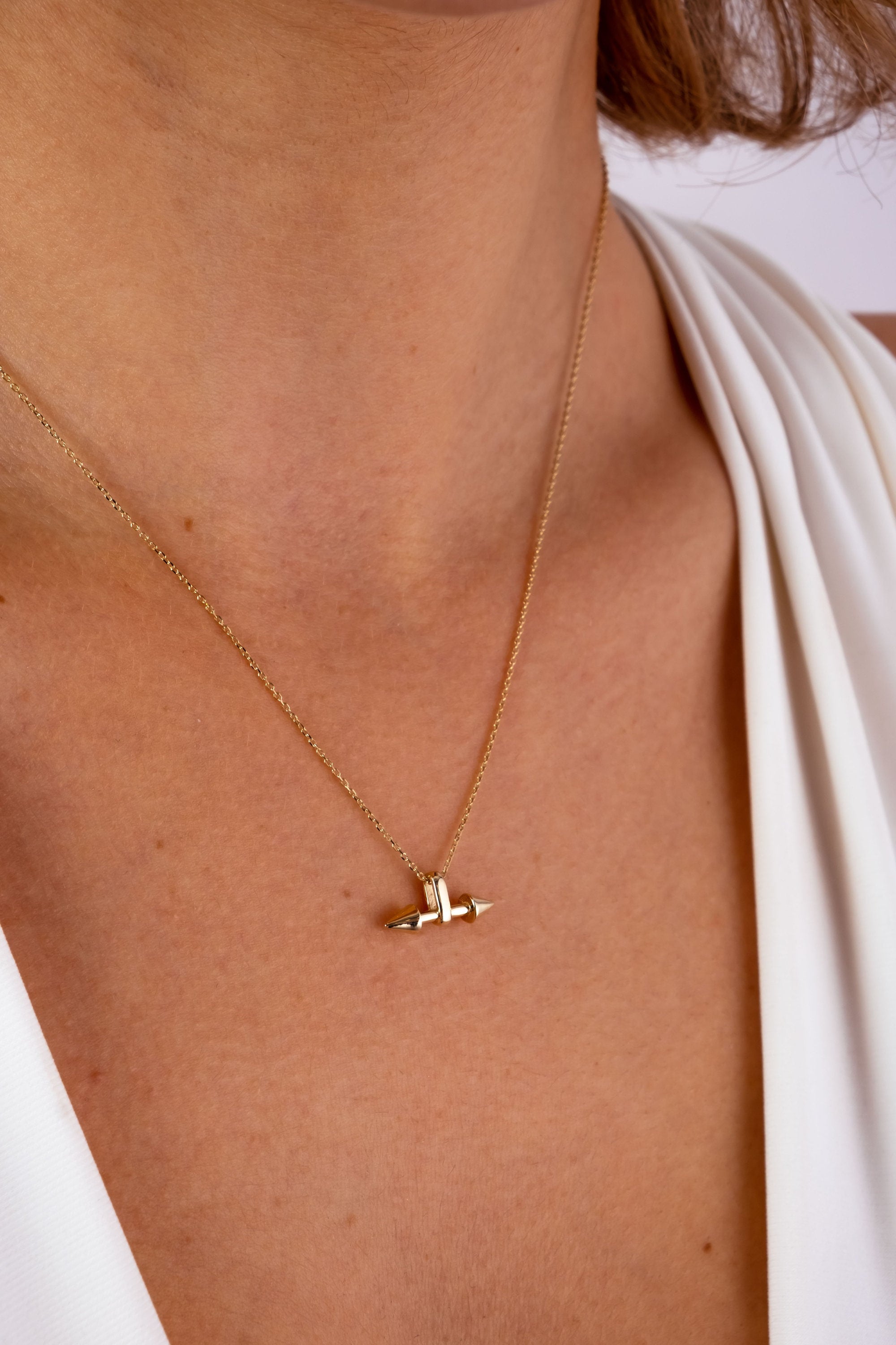 14K Gold Double Horn Necklace, Two Side Arrow Pendant Necklace, Horn Pendant Choker, Dainty Charm Necklace, Long Pendant Necklace