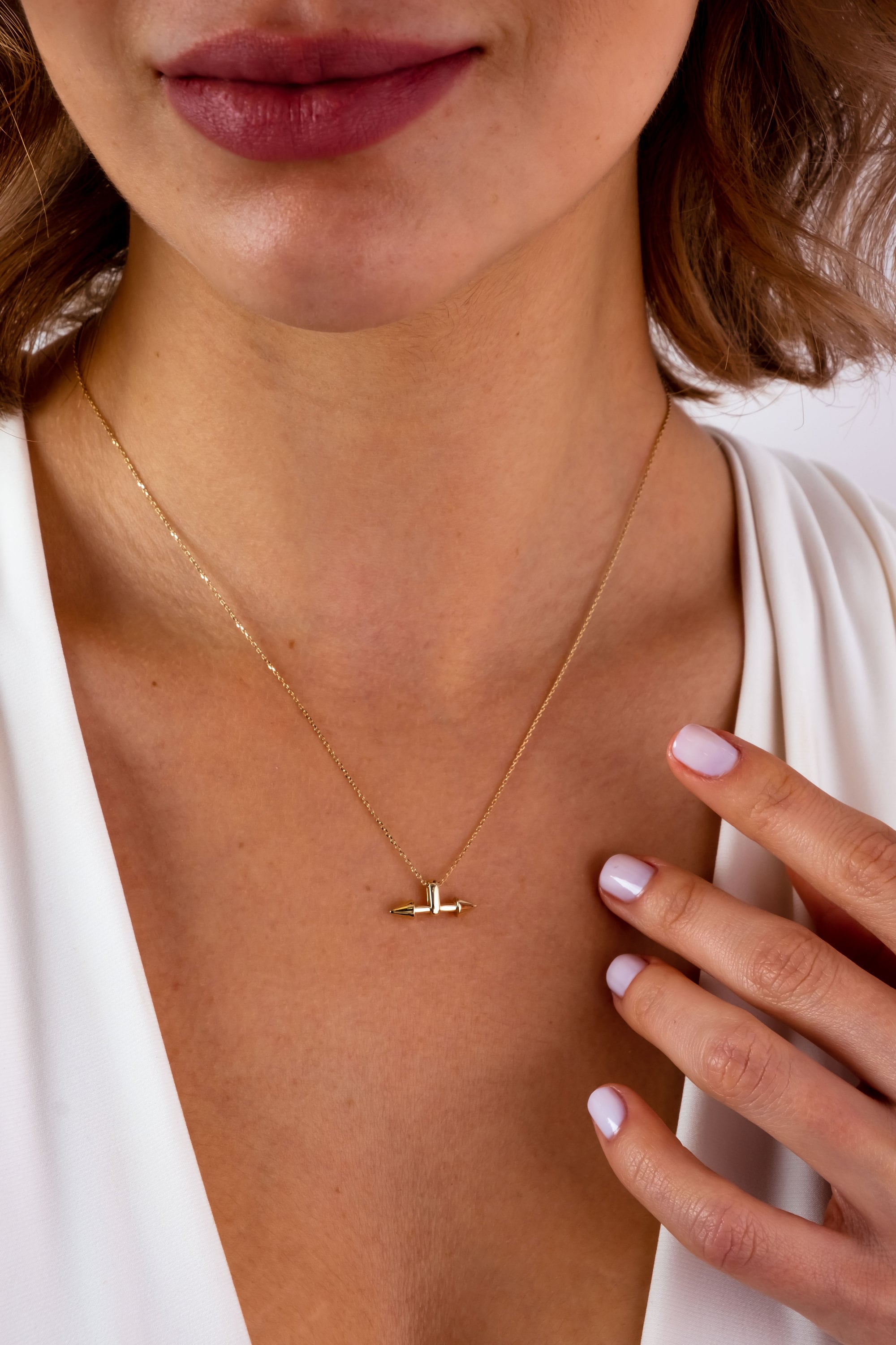 14K Gold Double Horn Necklace, Two Side Arrow Pendant Necklace, Horn Pendant Choker, Dainty Charm Necklace, Long Pendant Necklace