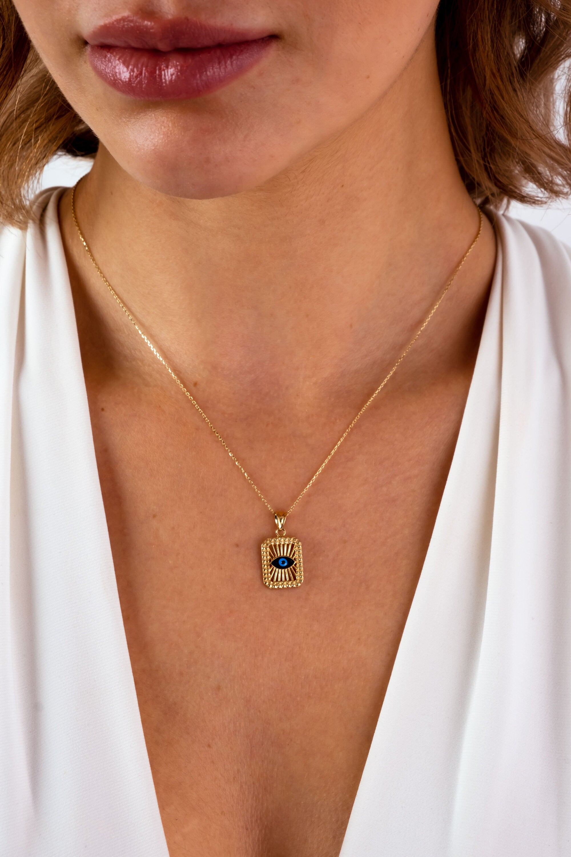 14K Evil Eye Necklace, Rectangle Evil Eye Pendant, Square Block Hamsa Pendant, Evil Eye Medallion, Gold Necklace for Women, Luck Necklace