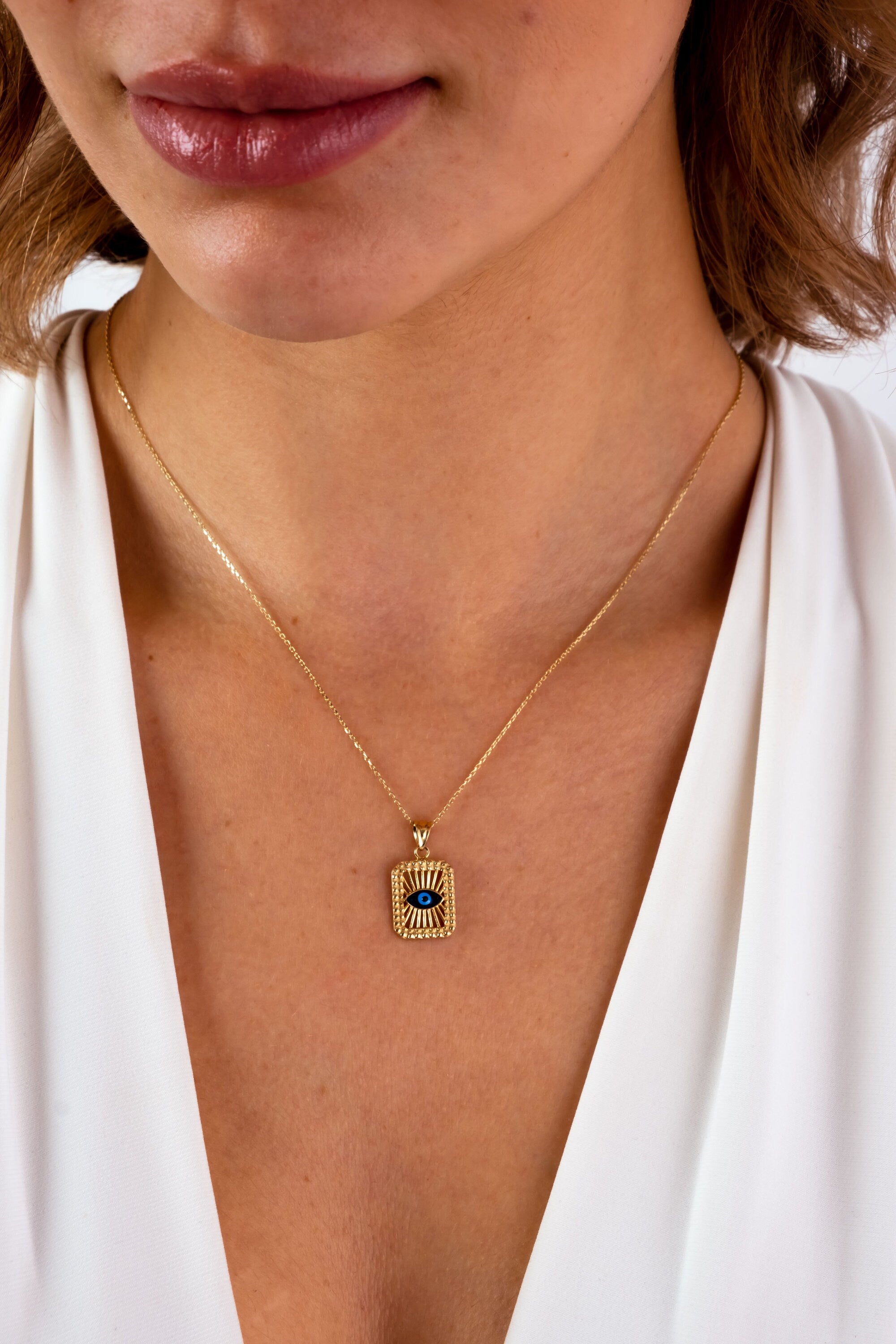 14K Evil Eye Necklace, Rectangle Evil Eye Pendant, Square Block Hamsa Pendant, Evil Eye Medallion, Gold Necklace for Women, Luck Necklace