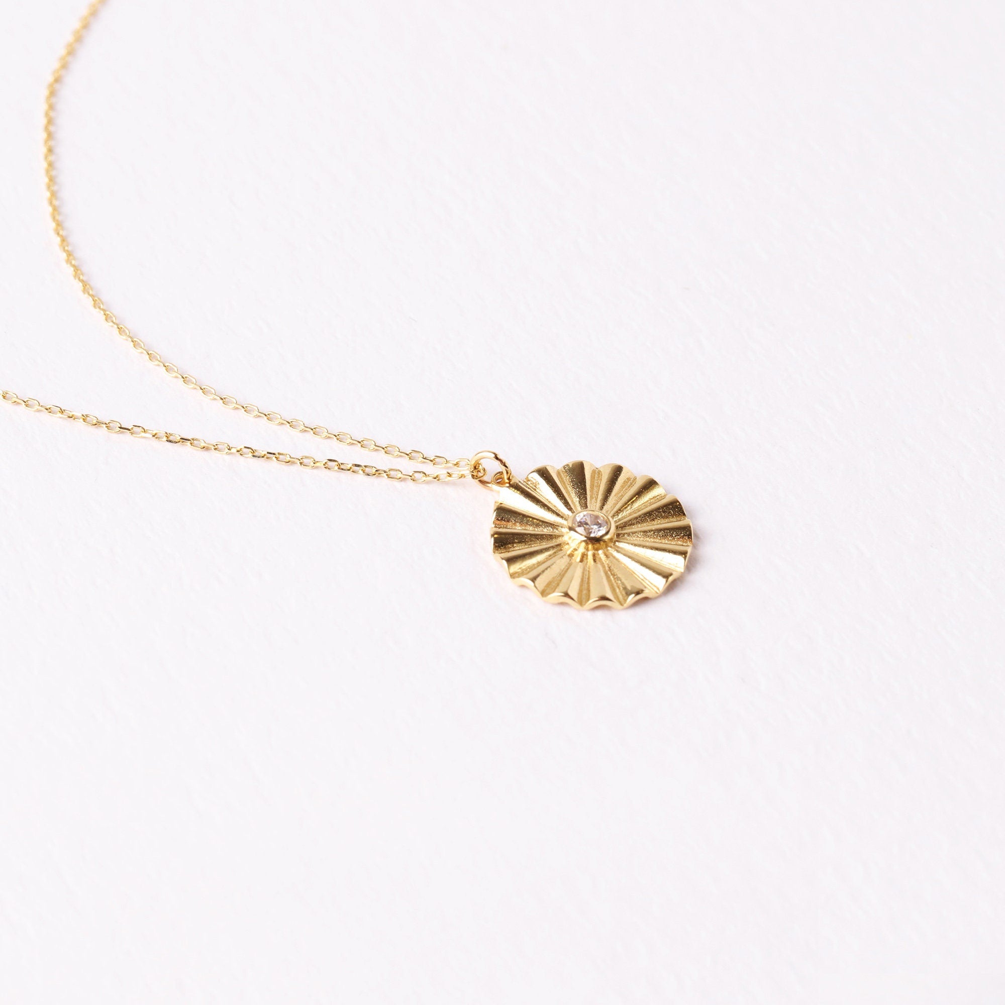 14K Gold Sunbeam Necklace, Medallion Necklace, Gold Sun Necklace, Coin Necklace, Sunburst Necklace, Layering Necklace, Gift For Her