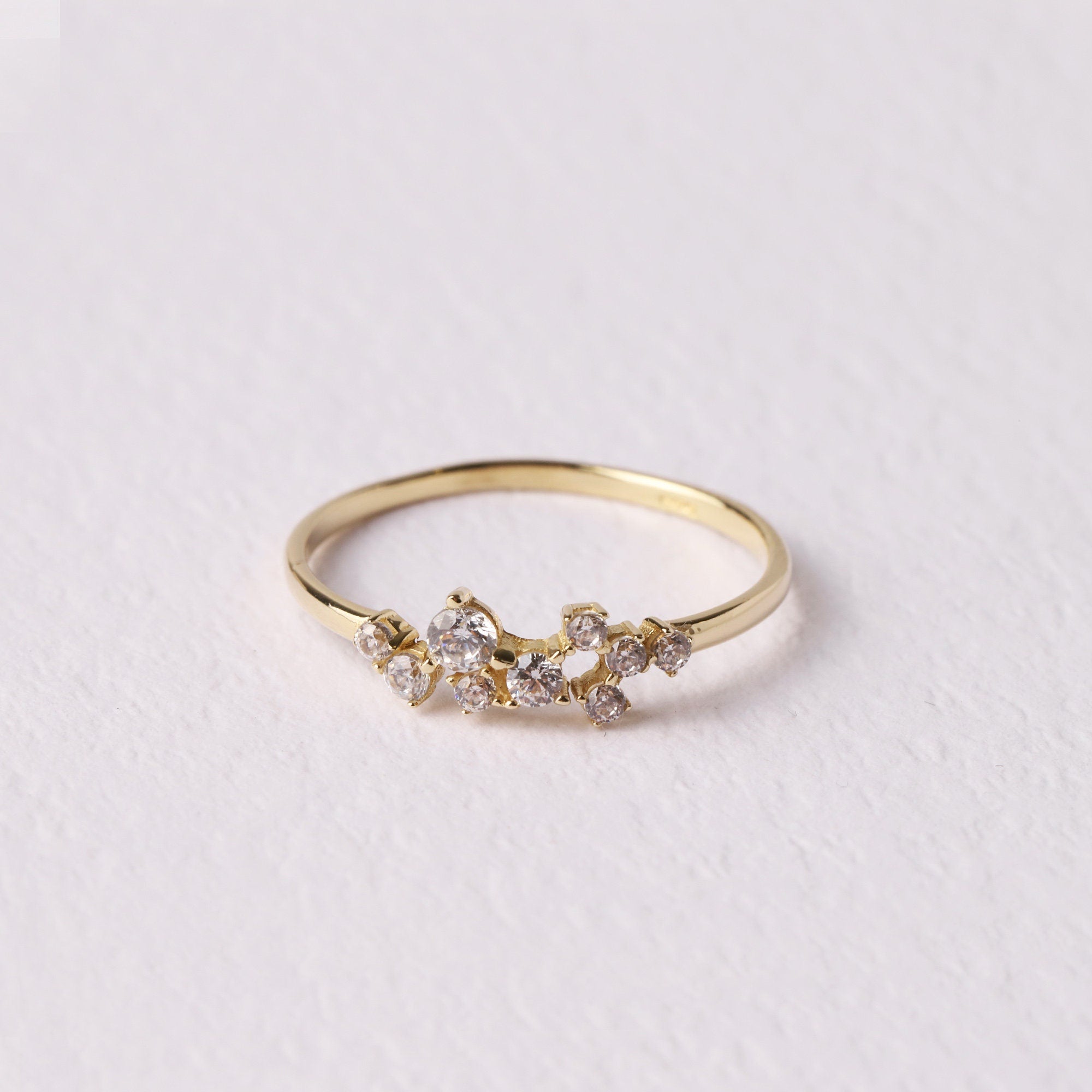 14K Gold Cluster Ring, Cz Diamond Cluster Ring, Unique Gold Wedding Band, Dainty Gold Ring, Stackable Promise Ring, Gift For Her