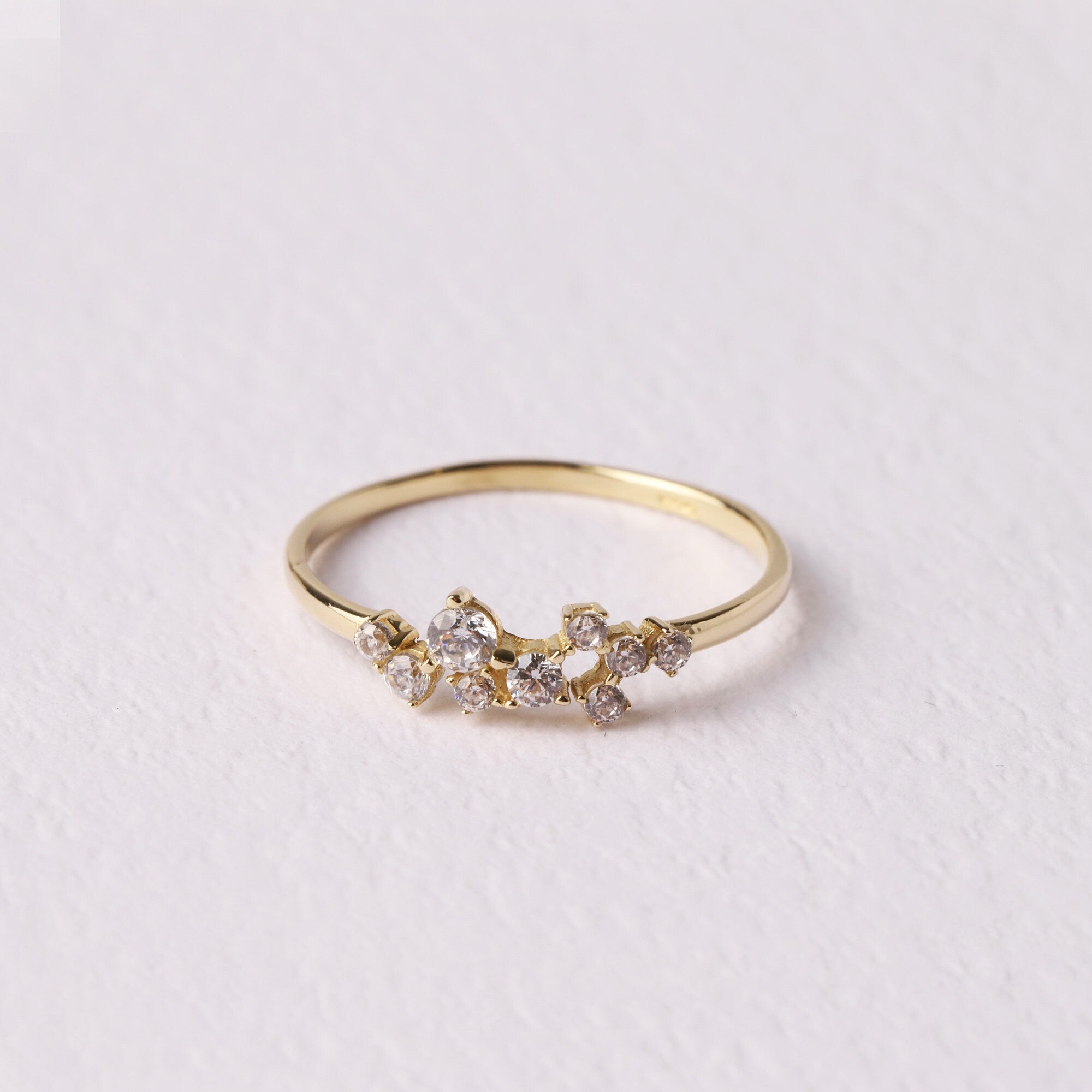 14K Gold Cluster Ring, Diamond Cluster Ring, Diamond Unique Gold Wedding Band, Dainty Gold Ring, Stackable Promise Ring, Gift For Her