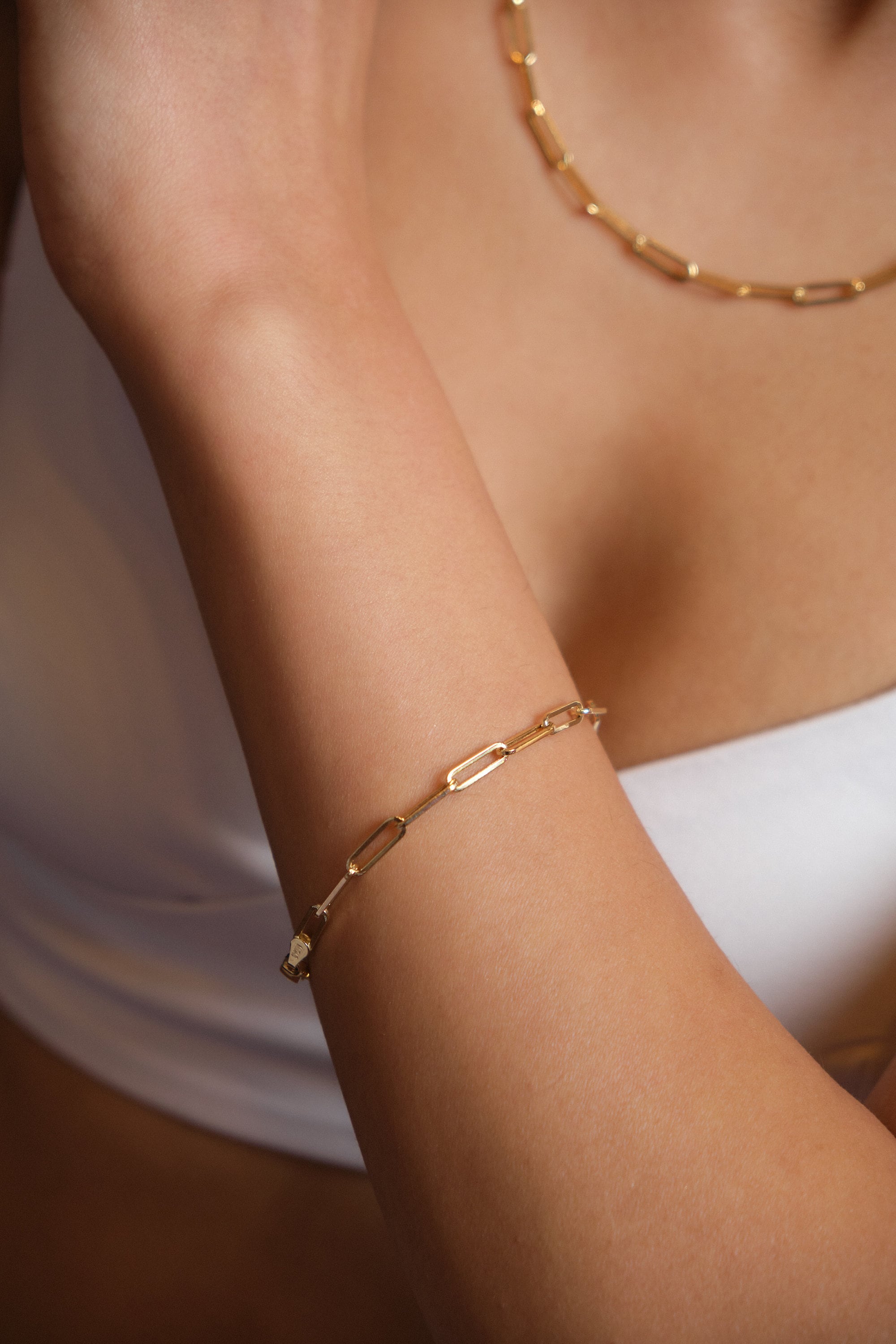 14K Gold Paperclip Chain Bracelet, 3mm Rectangle Long Chain, Chunky Chain Link Bracelet, Stacking Bracelets, Dainty Chain, Gift For Her