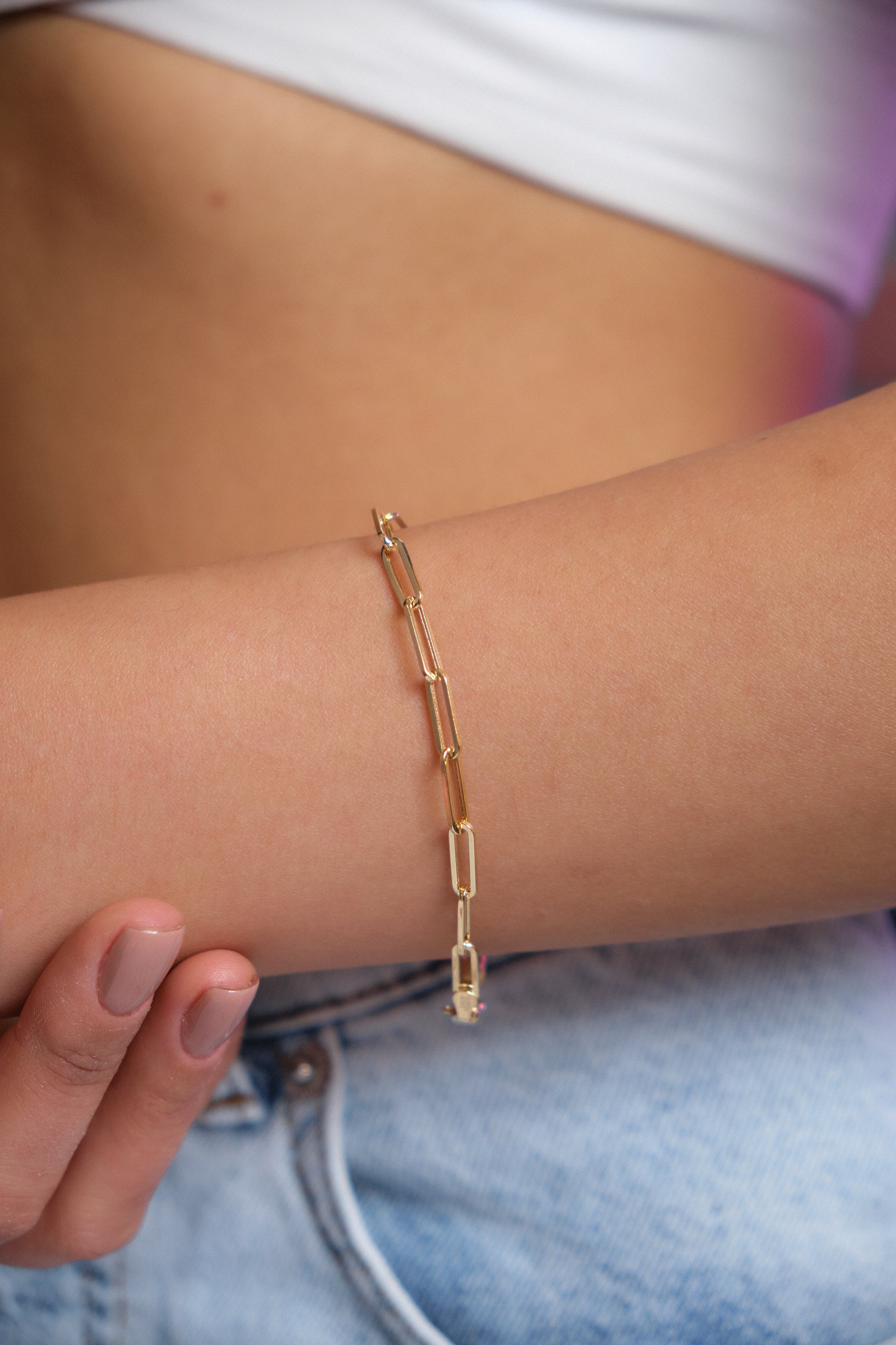 14K Gold Paperclip Chain Bracelet, 3mm Rectangle Long Chain, Chunky Chain Link Bracelet, Stacking Bracelets, Dainty Chain, Gift For Her