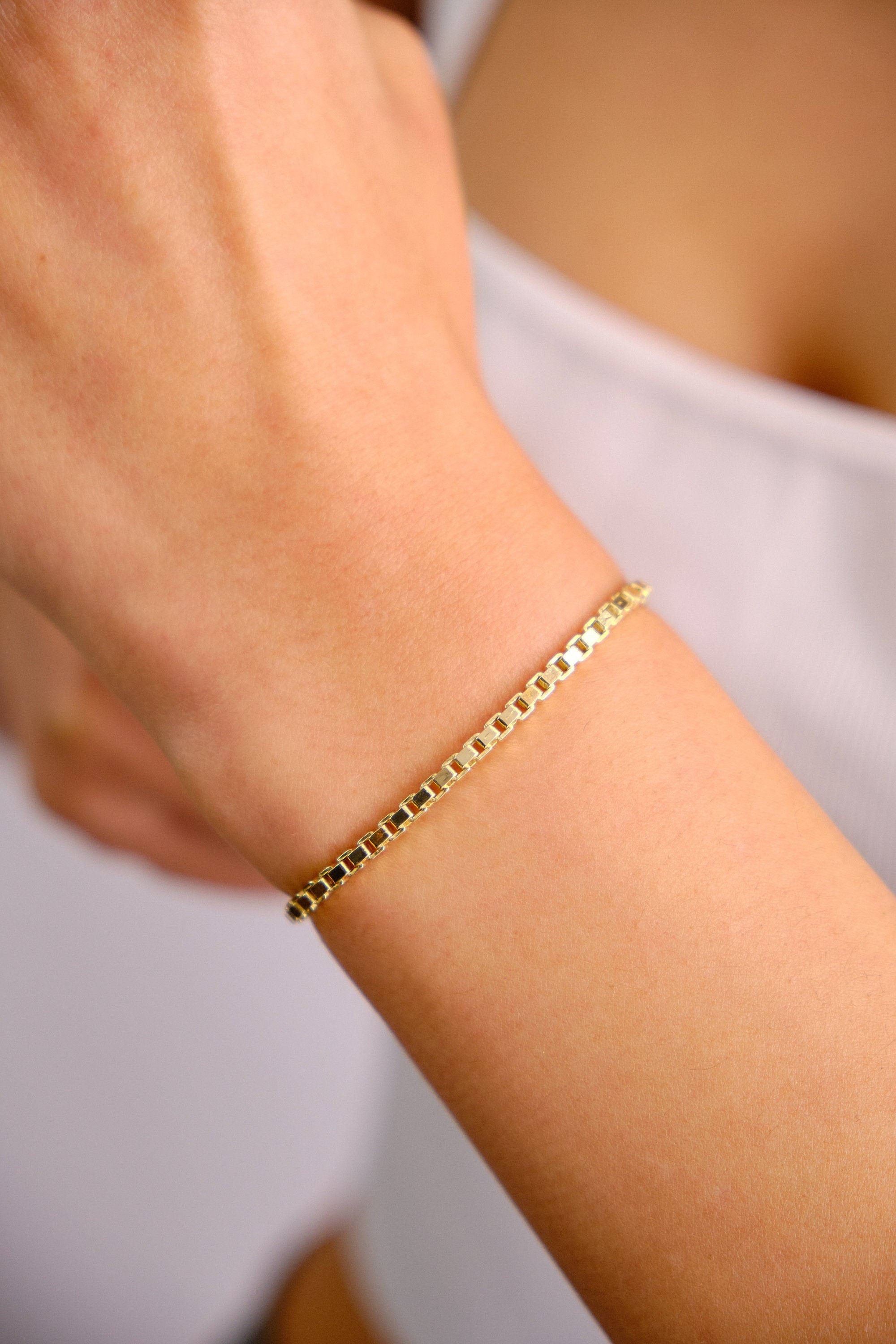 14K Gold Box Chain Bracelet, 2.7mm Square Box Chain Bracelet, Shiny Box Chain Anklet, Dainty Layered Bracelet, Simple Chain Bracelet