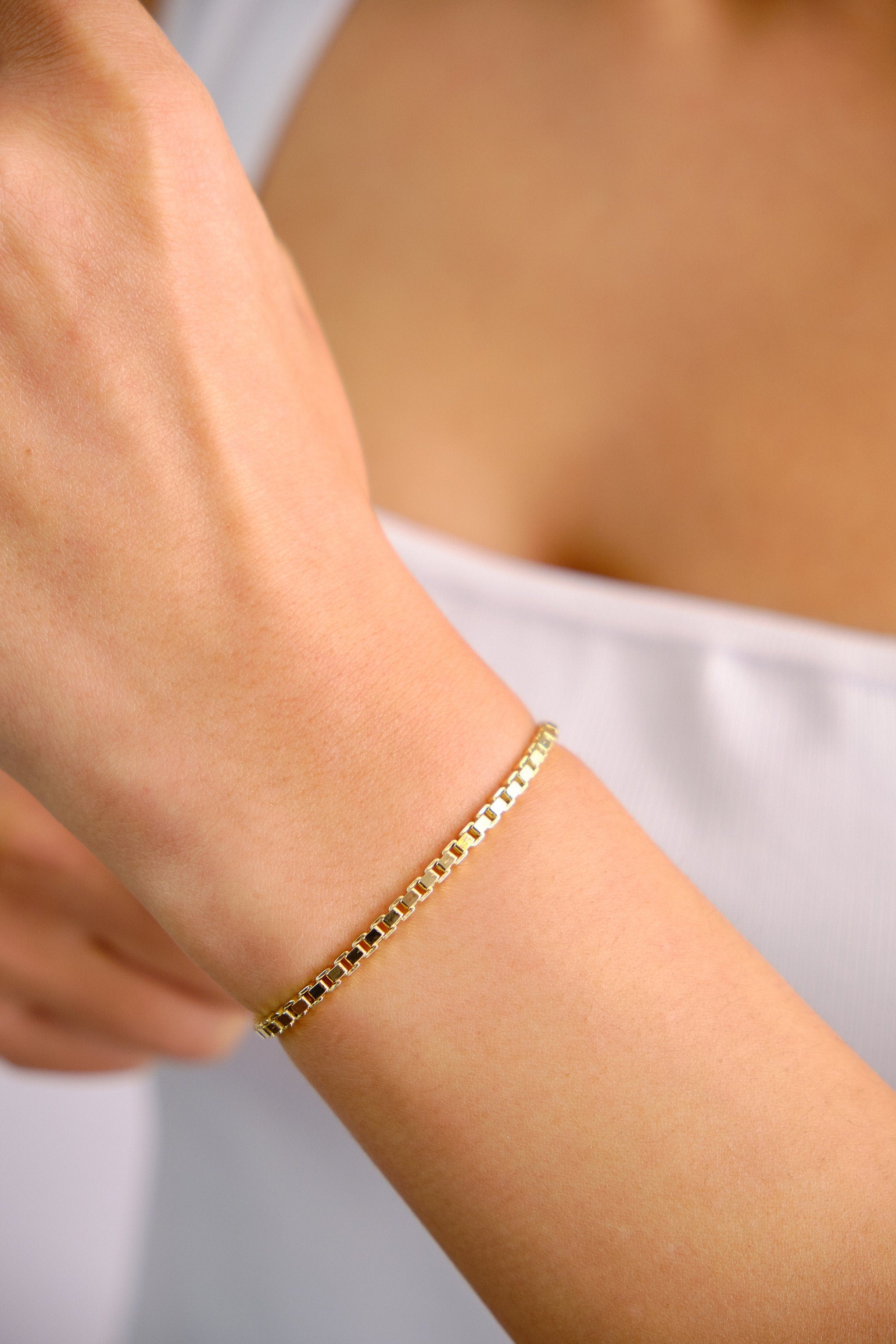 14K Gold Box Chain Bracelet, 2.7mm Square Box Chain Bracelet, Shiny Box Chain Anklet, Dainty Layered Bracelet, Simple Chain Bracelet