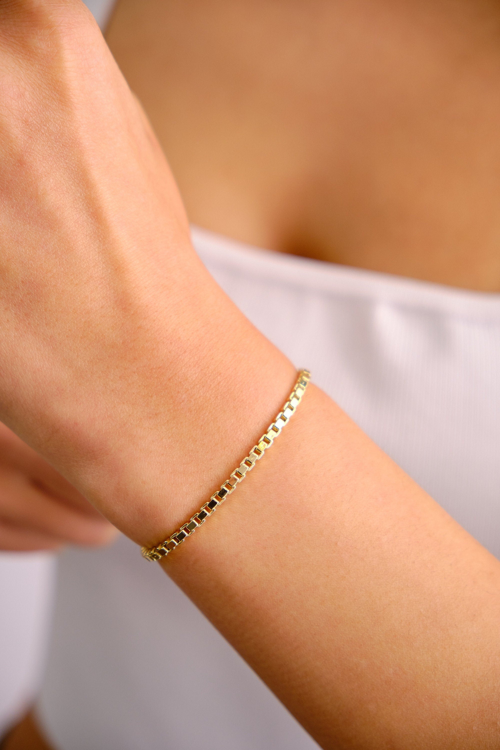 14K Gold Box Chain Bracelet, 2.7mm Square Box Chain Bracelet, Shiny Box Chain Anklet, Dainty Layered Bracelet, Simple Chain Bracelet