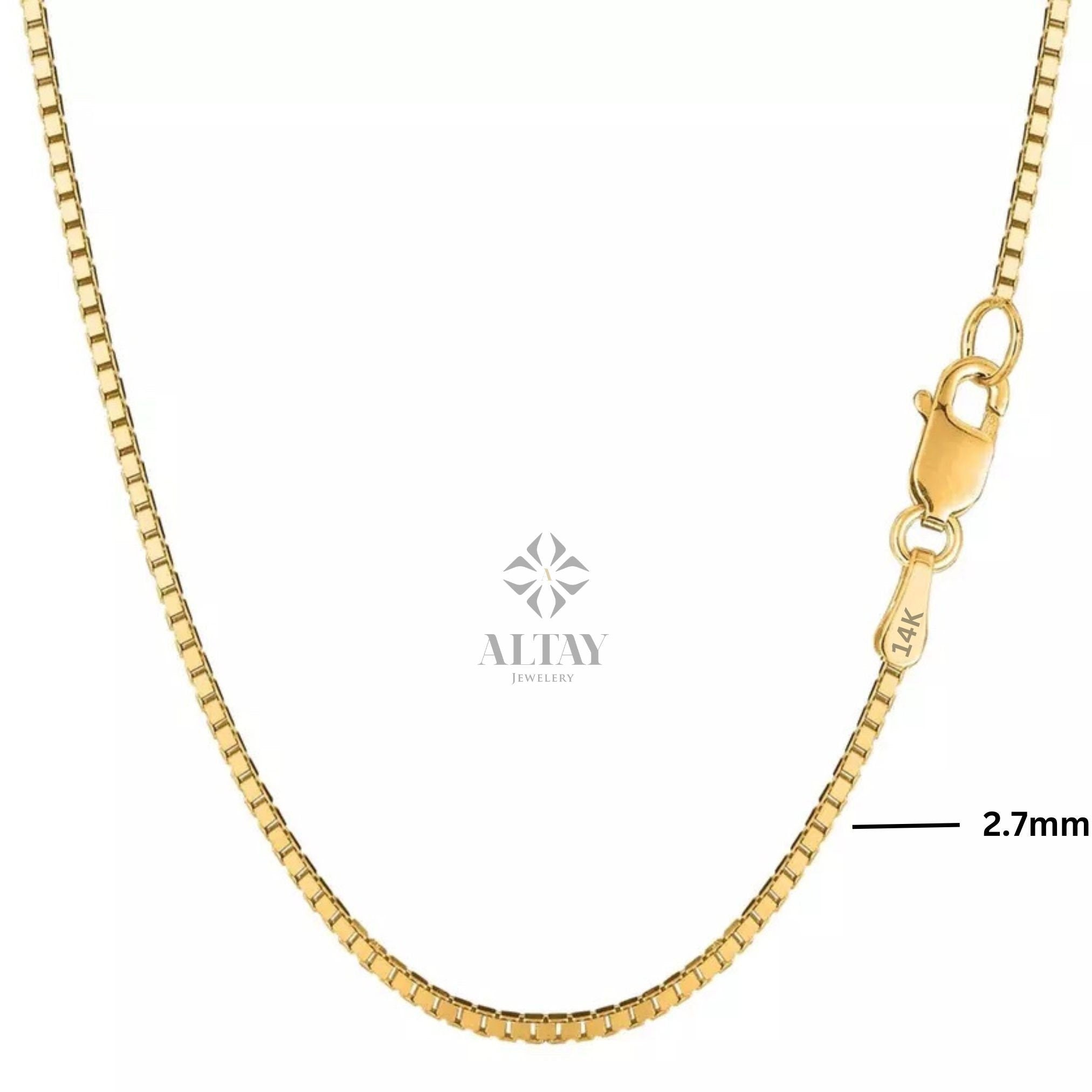 14K Gold Box Chain Necklace 2.7mm, Solid Gold Box Chain Choker, Shiny Venetian Chain, Unisex Layered Necklace