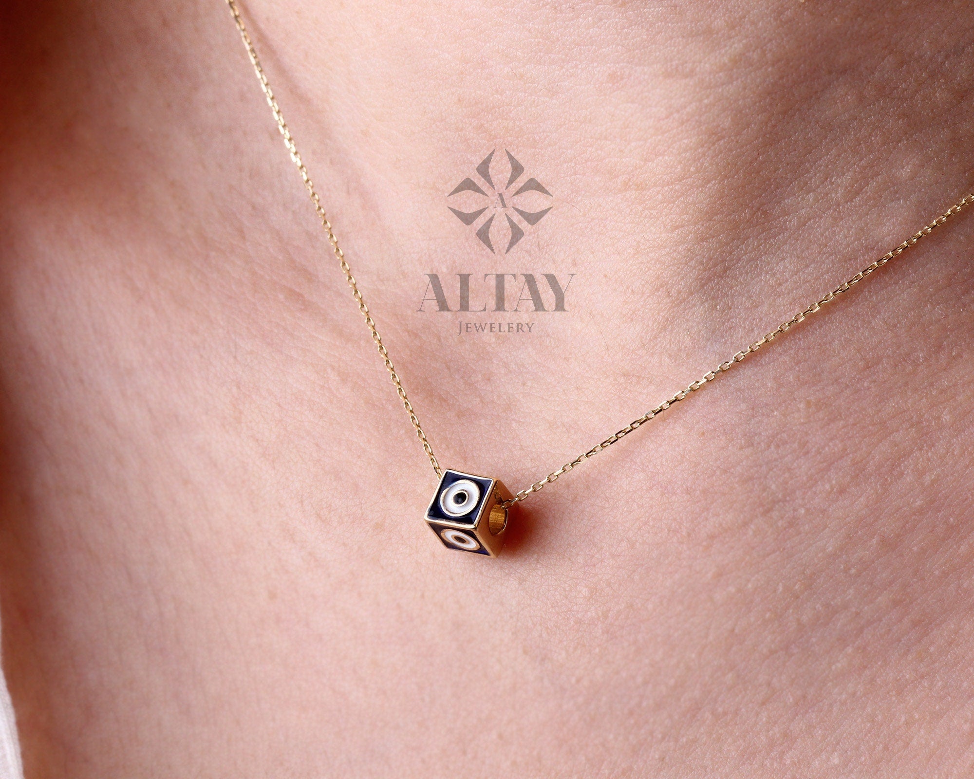 14K Gold Dice Necklace, 3D Dice Evil Eye Pendant, Gold Cube Evil Eye Charm, Gold Enamel Choker, Dainty Protection Symbol, Gift For Her