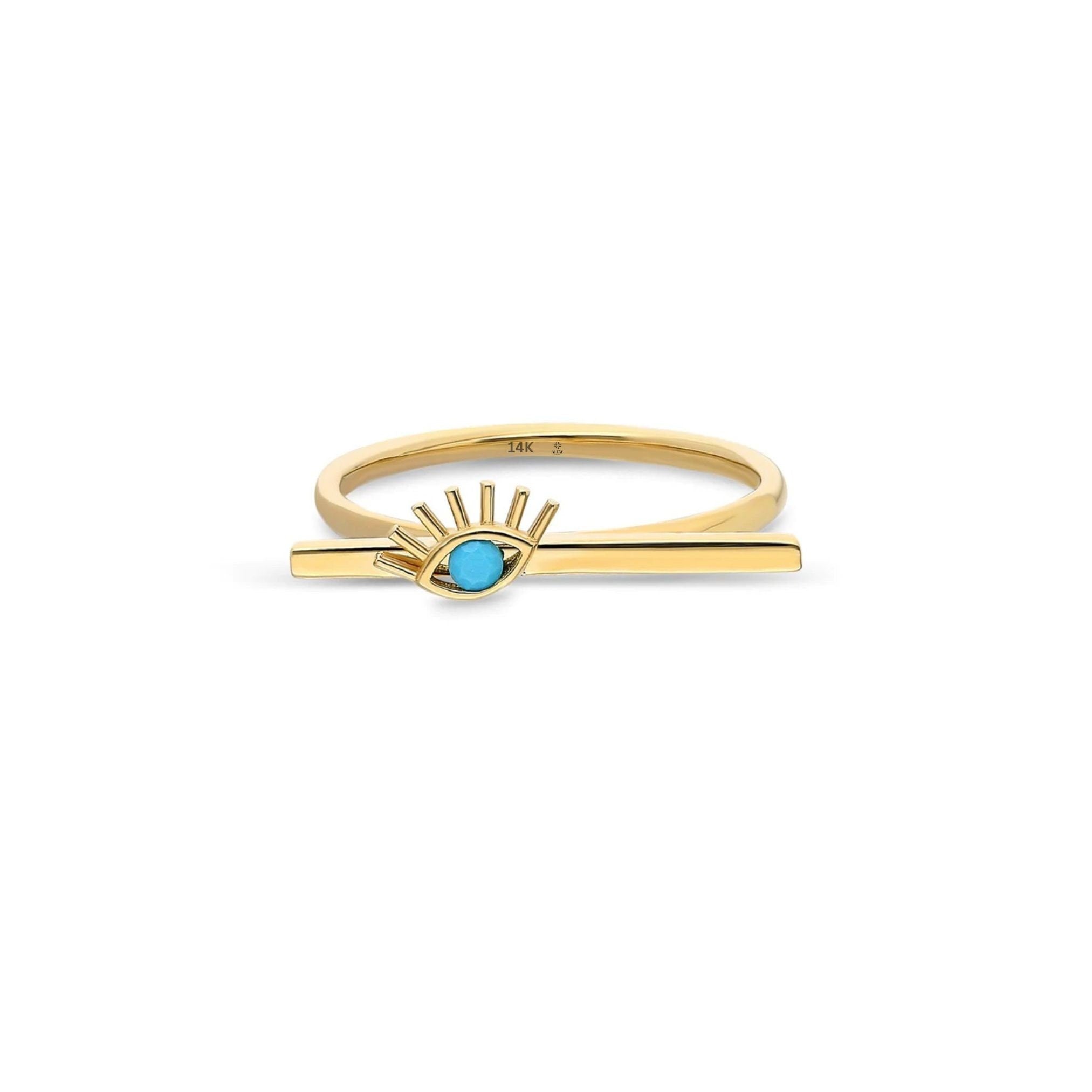 14K Gold Evil Eye Bar Ring, Personalized Name Ring, Custom Rectangle Ring, Stackable Dainty Ring, Engraved Turquoise Ring, Good Luck Symbol