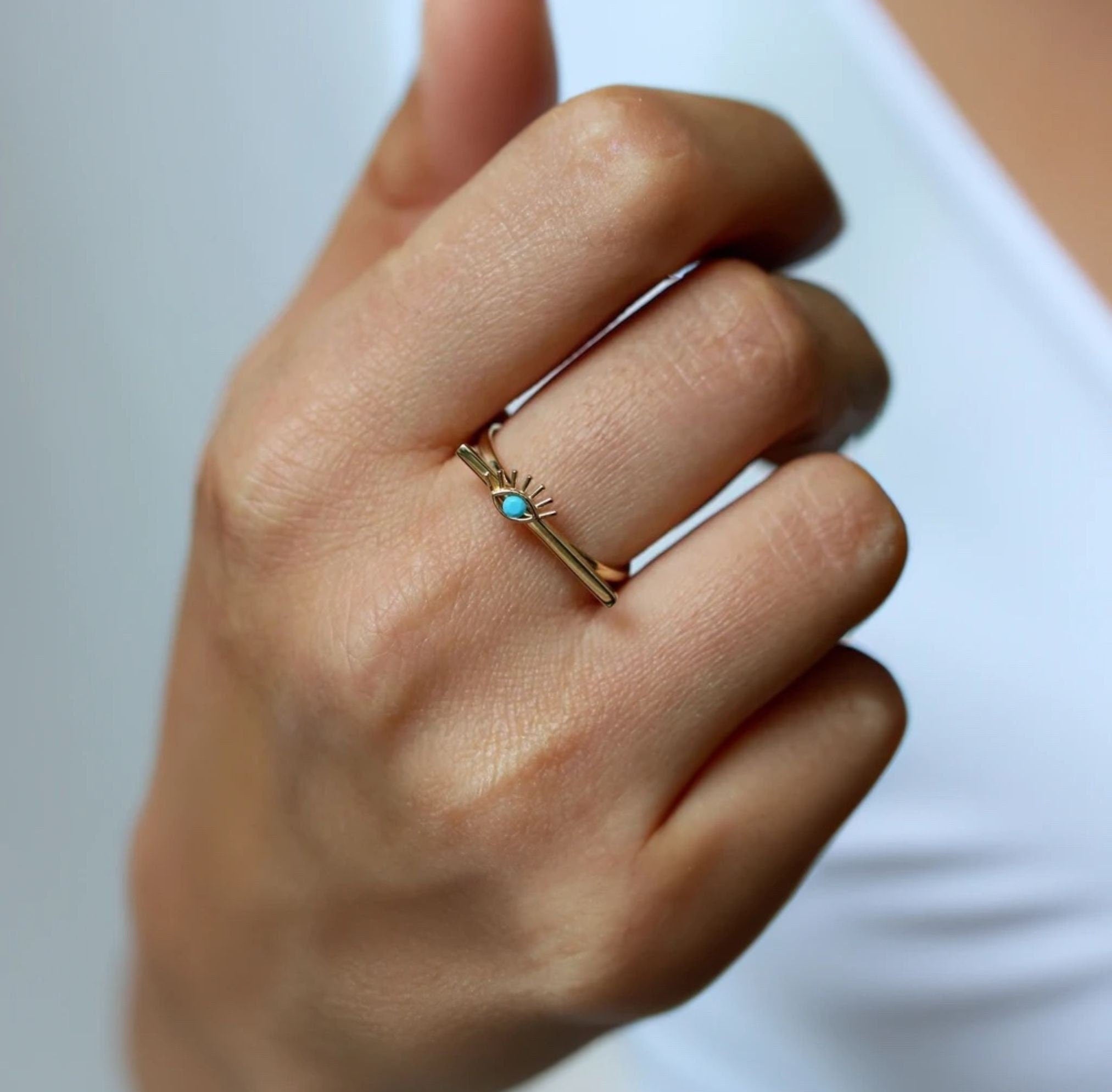 14K Gold Evil Eye Bar Ring, Personalized Name Ring, Custom Rectangle Ring, Stackable Dainty Ring, Engraved Turquoise Ring, Good Luck Symbol