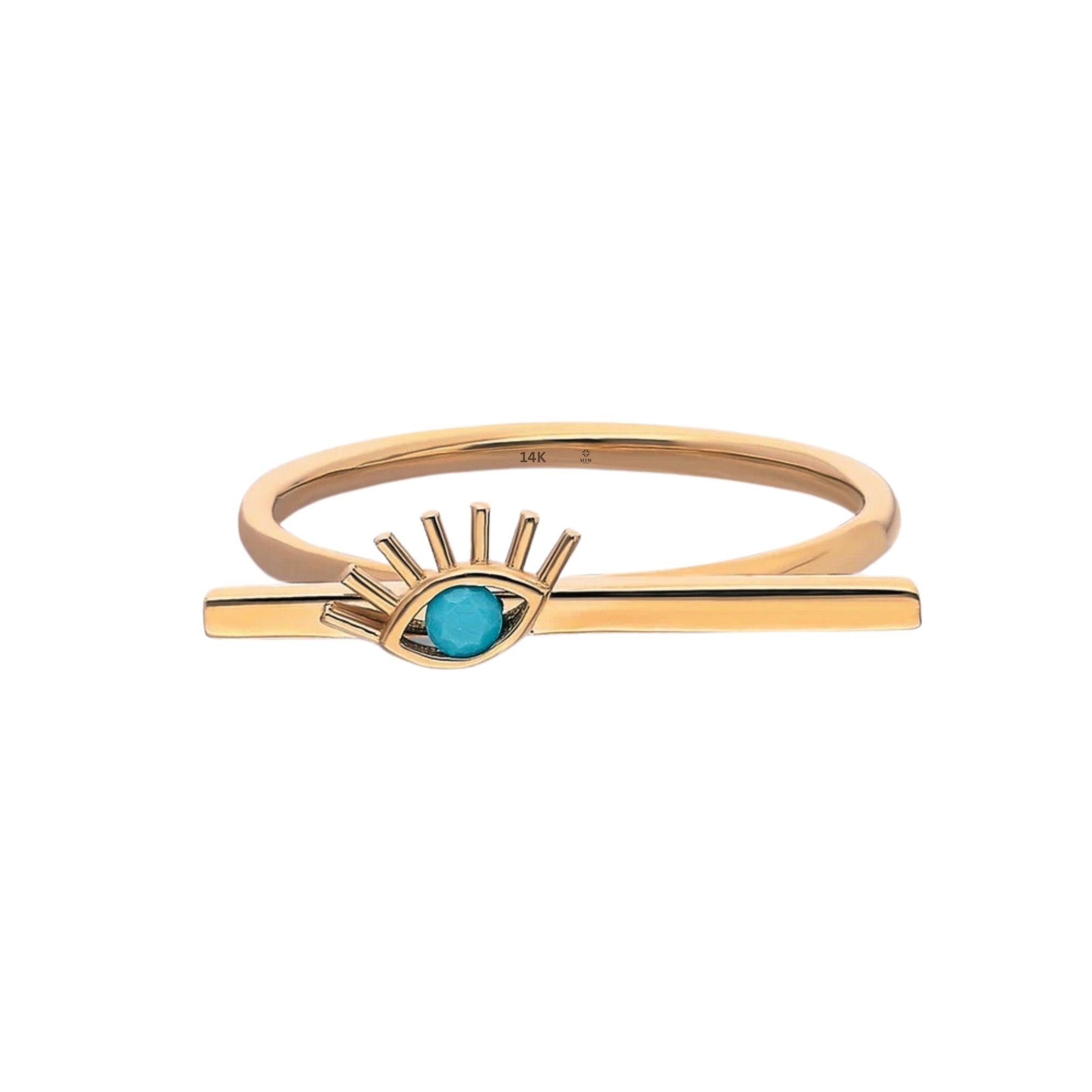 14K Gold Evil Eye Bar Ring, Personalized Name Ring, Custom Rectangle Ring, Stackable Dainty Ring, Engraved Turquoise Ring, Good Luck Symbol