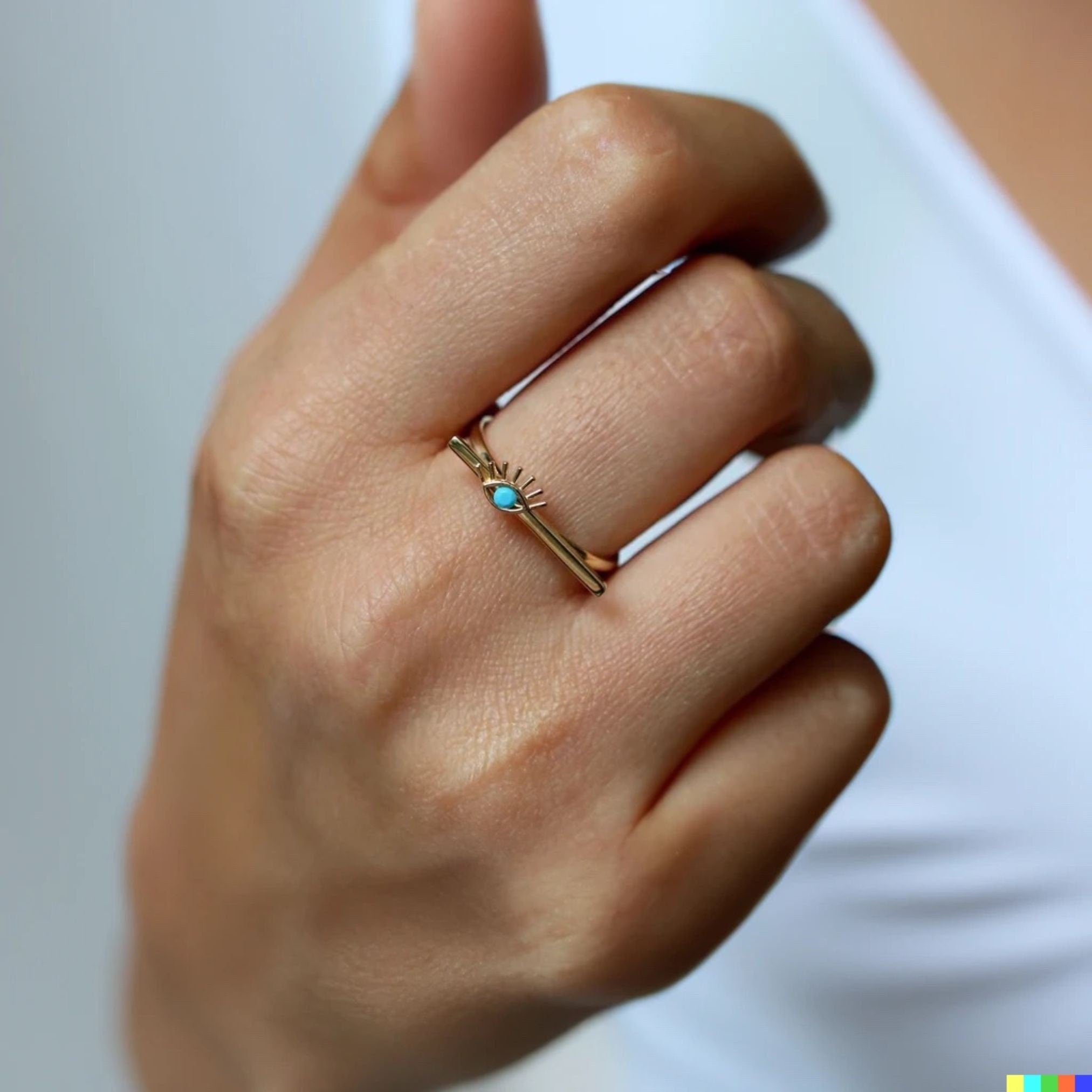 14K Gold Evil Eye Bar Ring, Personalized Name Ring, Custom Rectangle Ring, Stackable Dainty Ring, Engraved Turquoise Ring, Good Luck Symbol