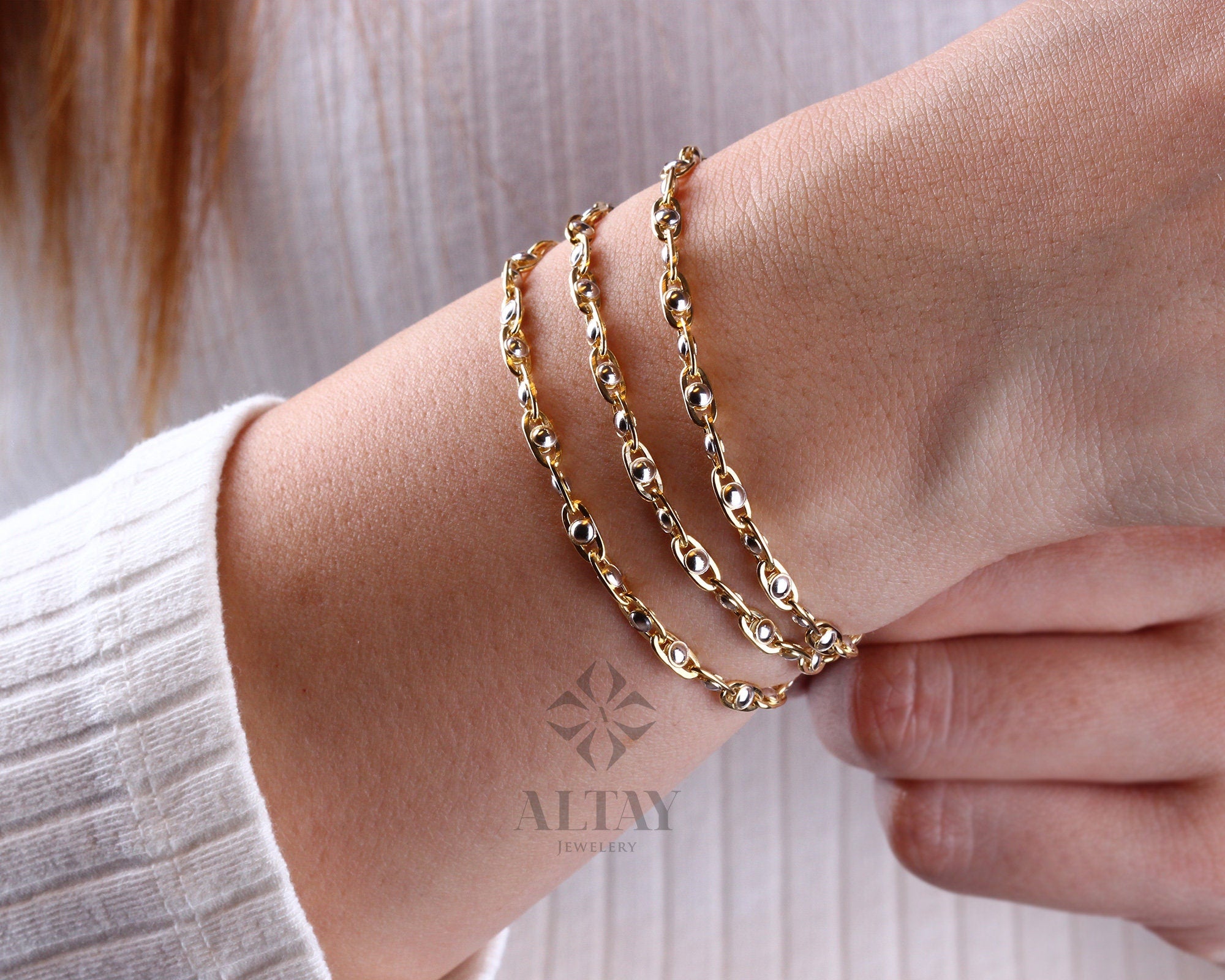 14K Gold Two Tone Beaded Chain Bracelet, Oval Chain Bead Bracelet, Rectangle Long Paperclip Chain Anklet, Chunky Chain Link, Gift For Her