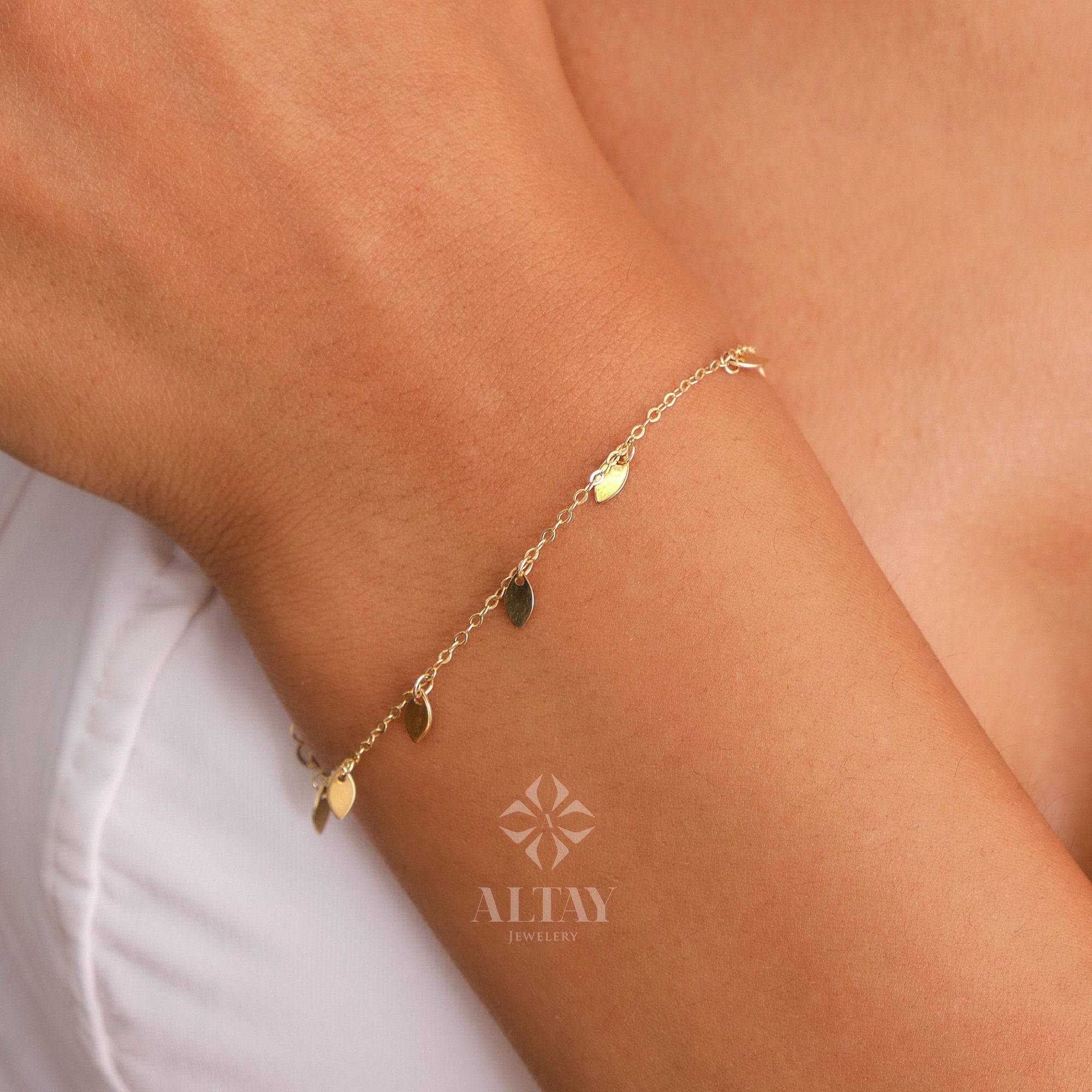 14K Gold Dangling Leaf Bracelet, Leaf Charm Bracelet, Coin Charm Chain Bracelet Jewelry