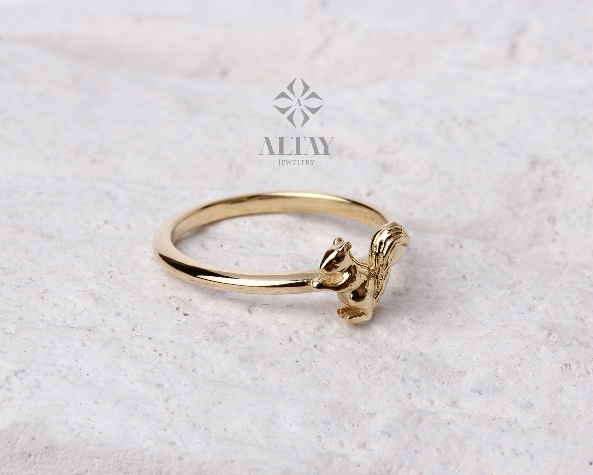 14K Gold Squirrel Ring, Minimalist Squirrel Jewelry, Good Luck Ring, Dainty Gold Ring, Unique Design Jewelery, Anniversary Gift For Her