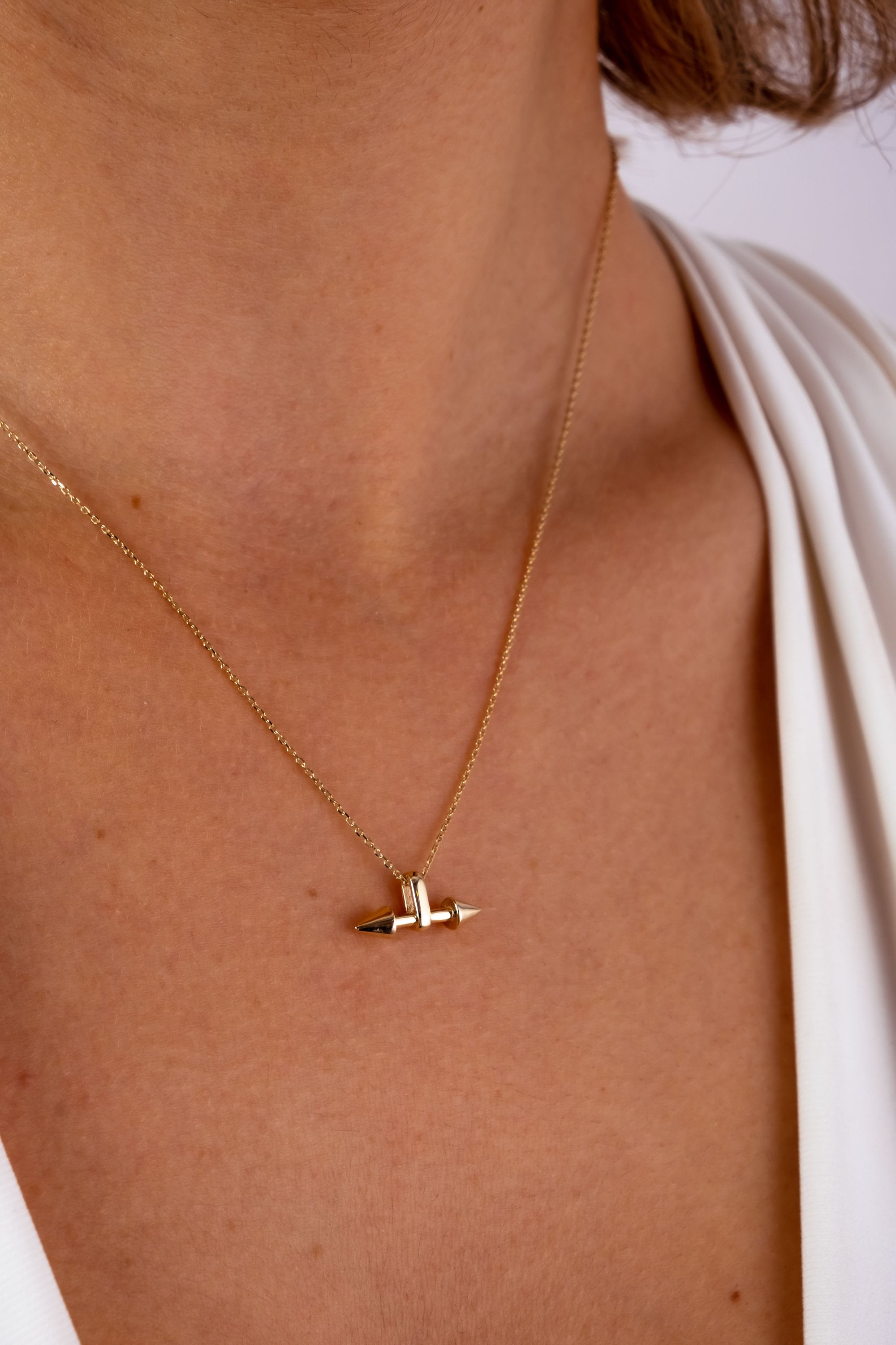 14K Gold Double Horn Necklace, Two Side Arrow Pendant Necklace, Horn Pendant Choker, Dainty Charm Necklace, Long Pendant Necklace