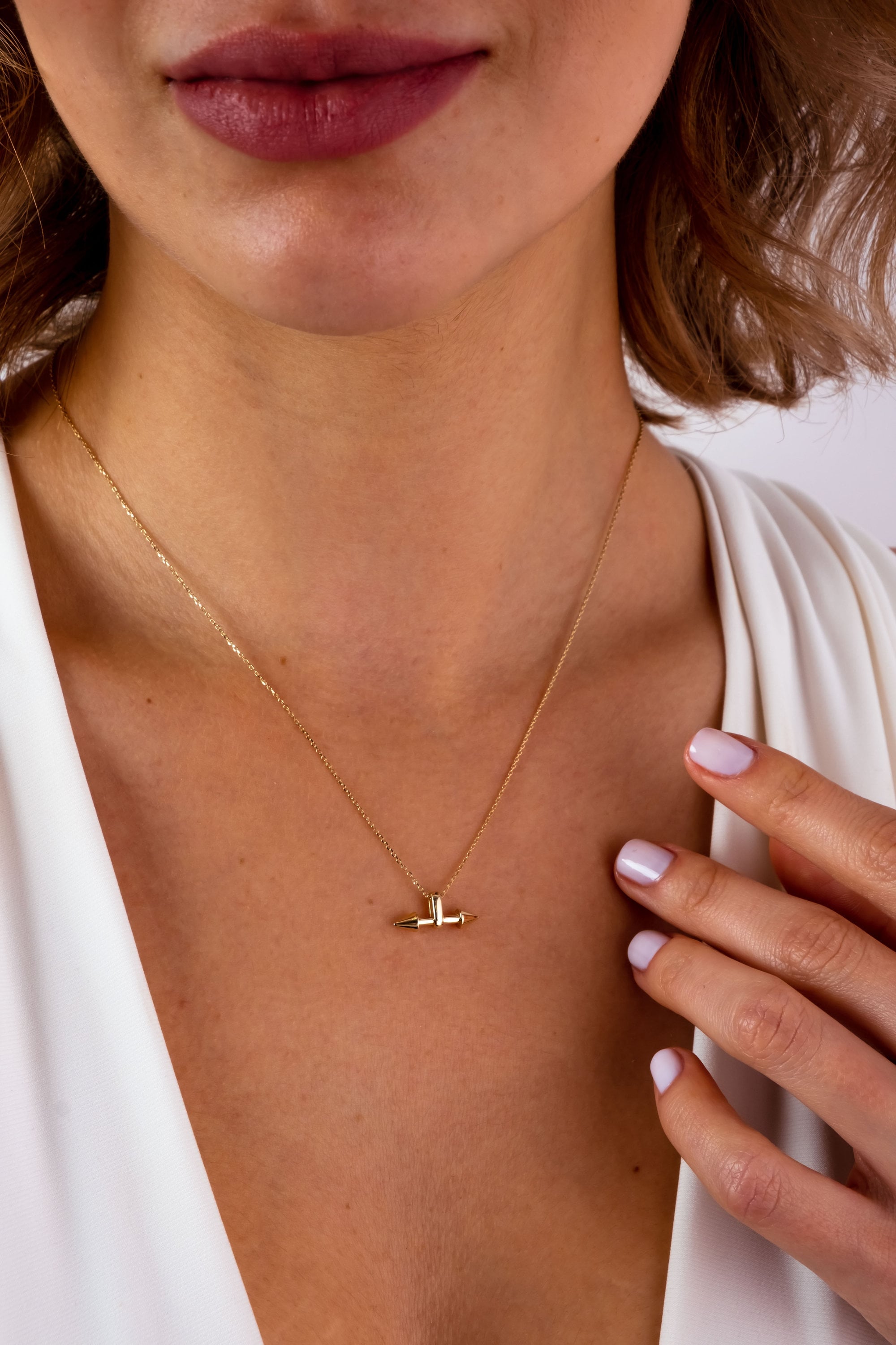 14K Gold Double Horn Necklace, Two Side Arrow Pendant Necklace, Horn Pendant Choker, Dainty Charm Necklace, Long Pendant Necklace