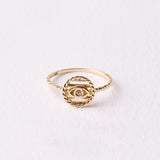 14K Gold Evil Eye Ring, Evil Eye CZ Diamond Rope Band Ring