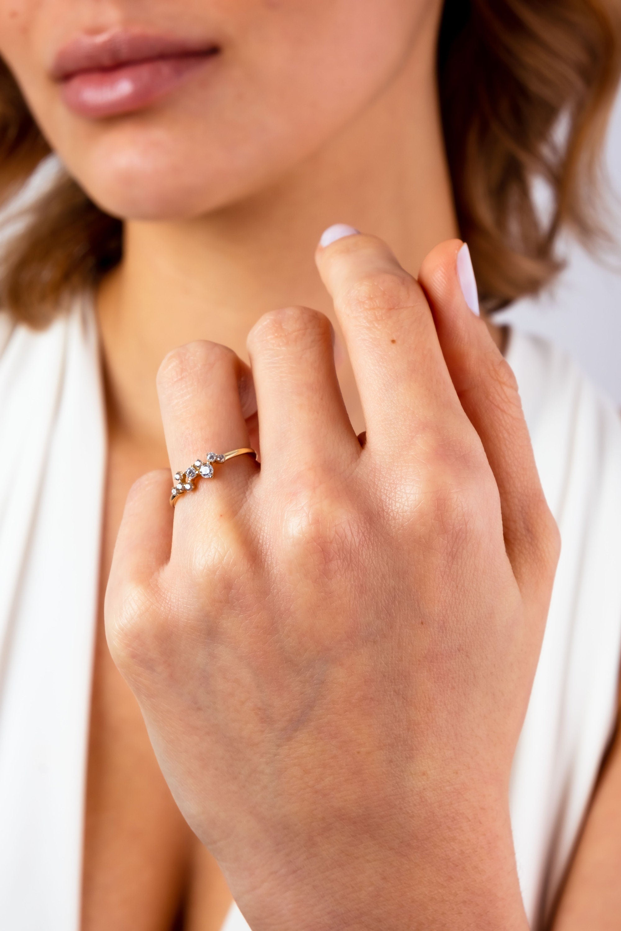 14K Gold Cluster Ring, Cz Diamond Cluster Ring, Unique Gold Wedding Band, Dainty Gold Ring, Stackable Promise Ring, Gift For Her