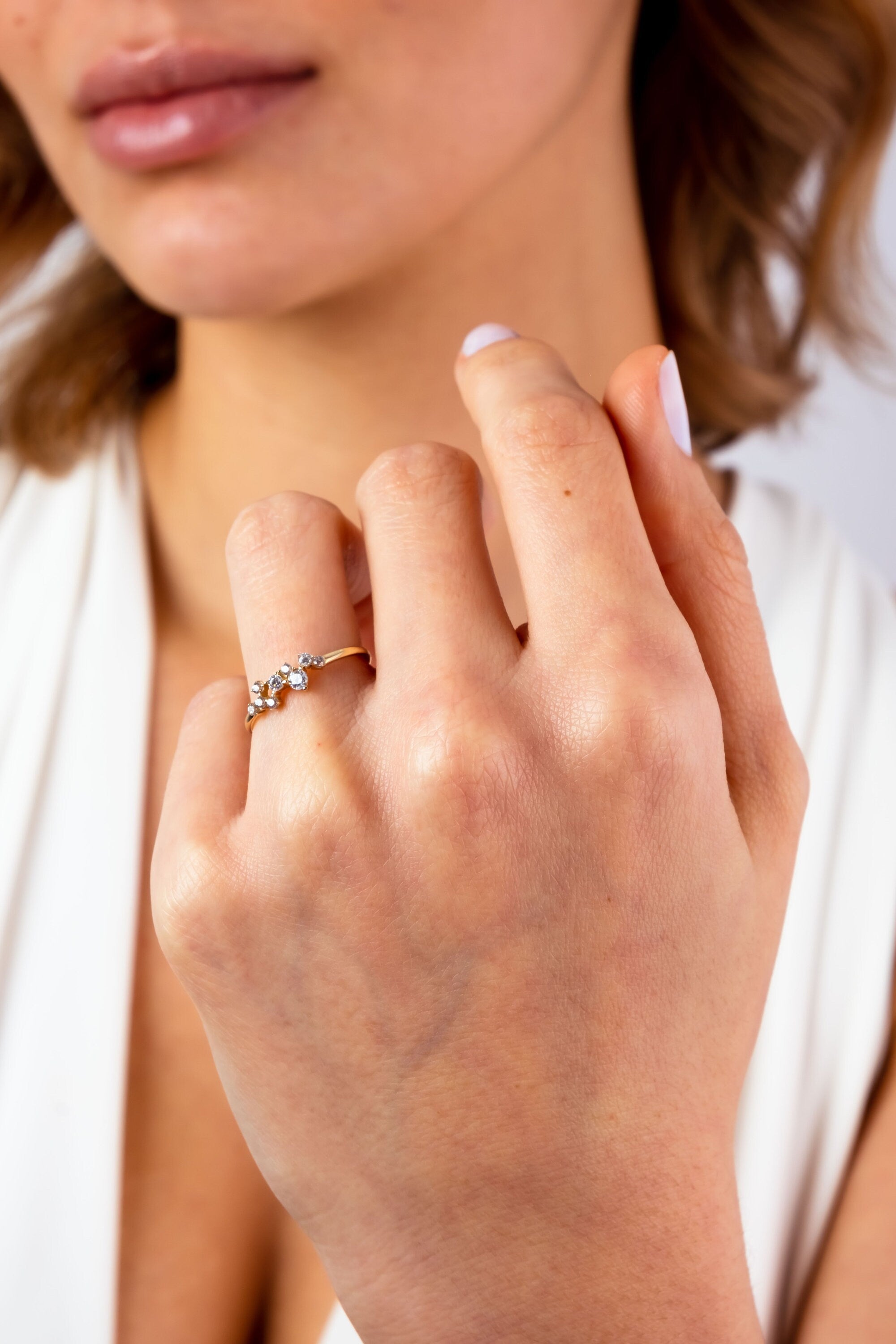 14K Gold Cluster Ring, Diamond Cluster Ring, Diamond Unique Gold Wedding Band, Dainty Gold Ring, Stackable Promise Ring, Gift For Her