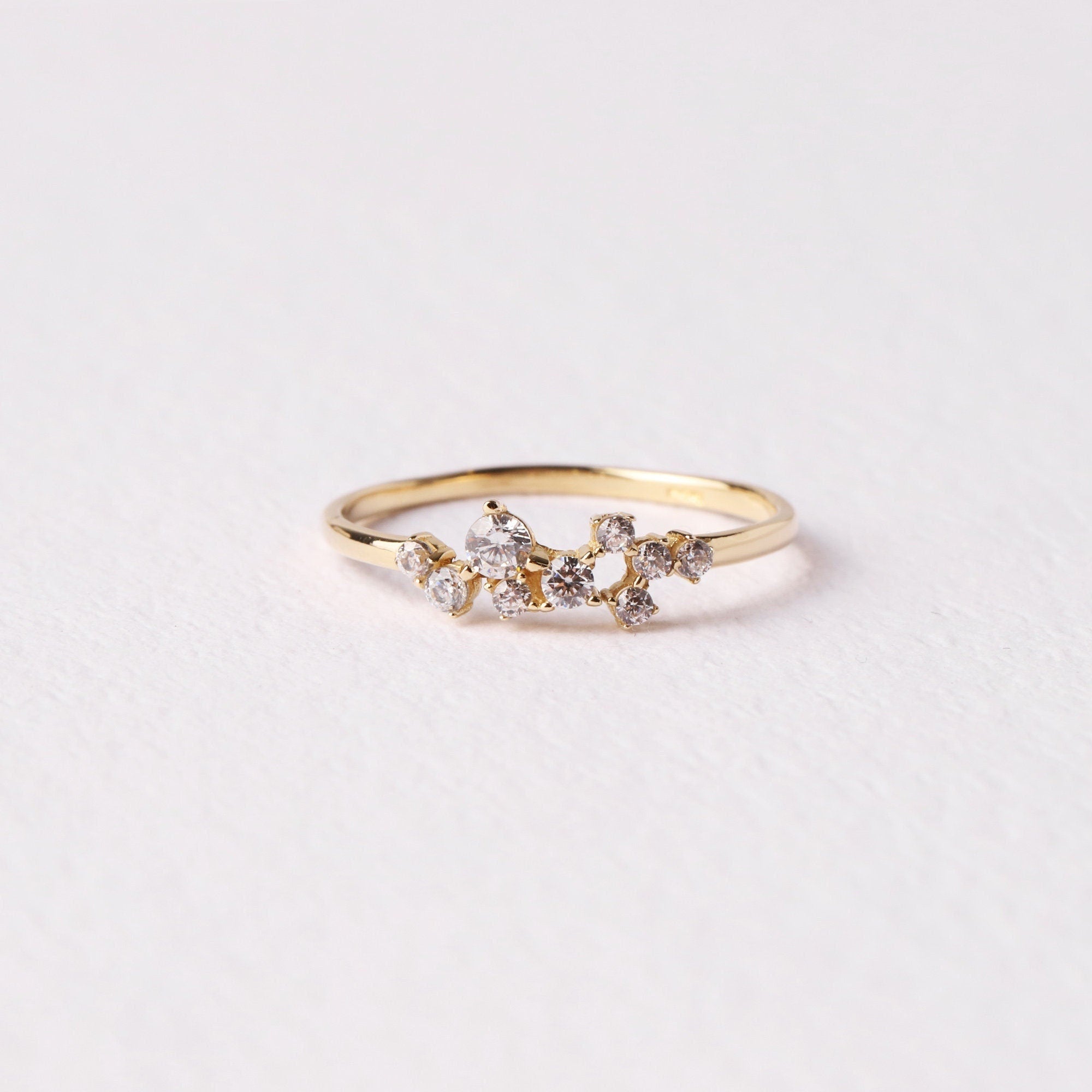 14K Gold Cluster Ring, Cz Diamond Cluster Ring, Unique Gold Wedding Band, Dainty Gold Ring, Stackable Promise Ring, Gift For Her