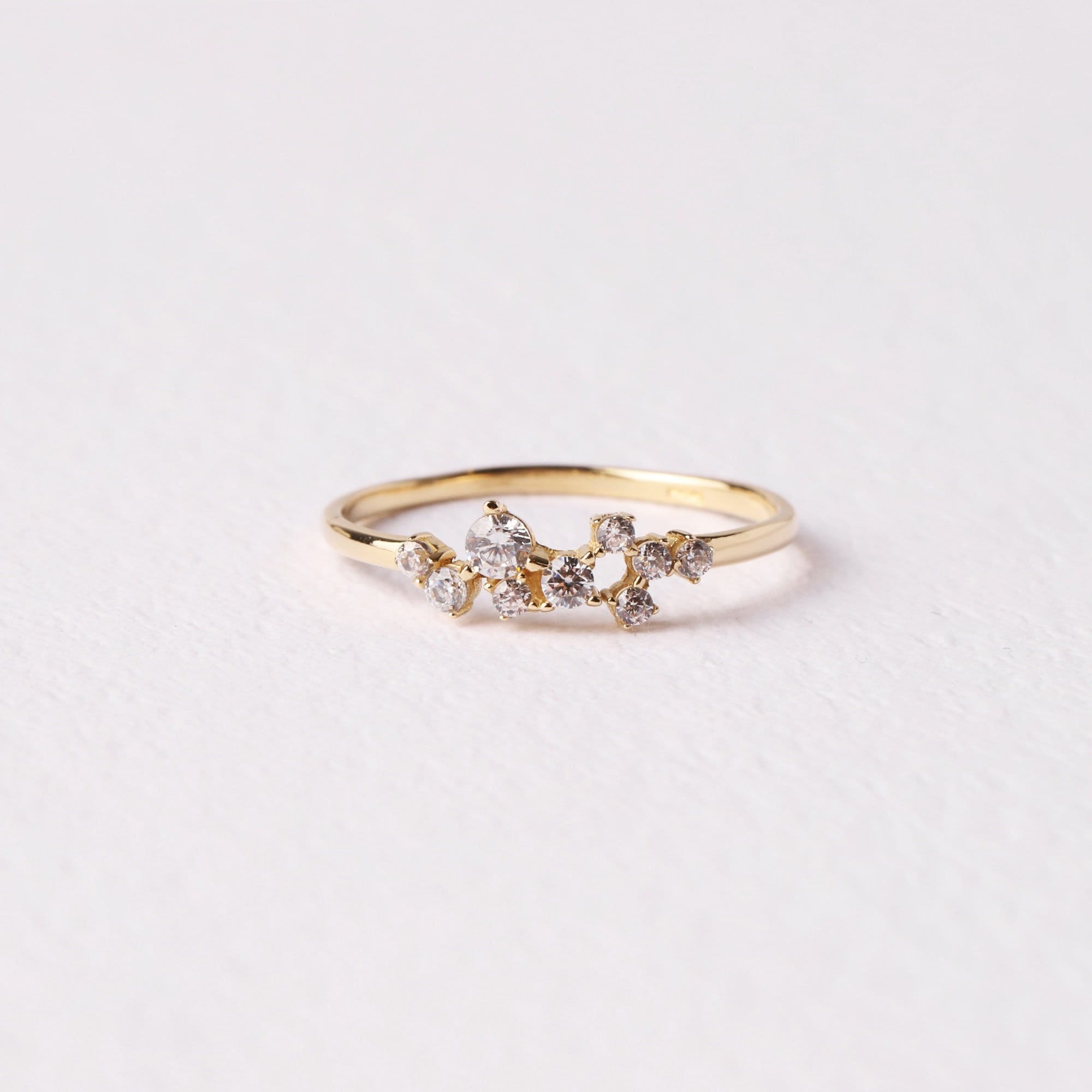 14K Gold Cluster Ring, Diamond Cluster Ring, Diamond Unique Gold Wedding Band, Dainty Gold Ring, Stackable Promise Ring, Gift For Her