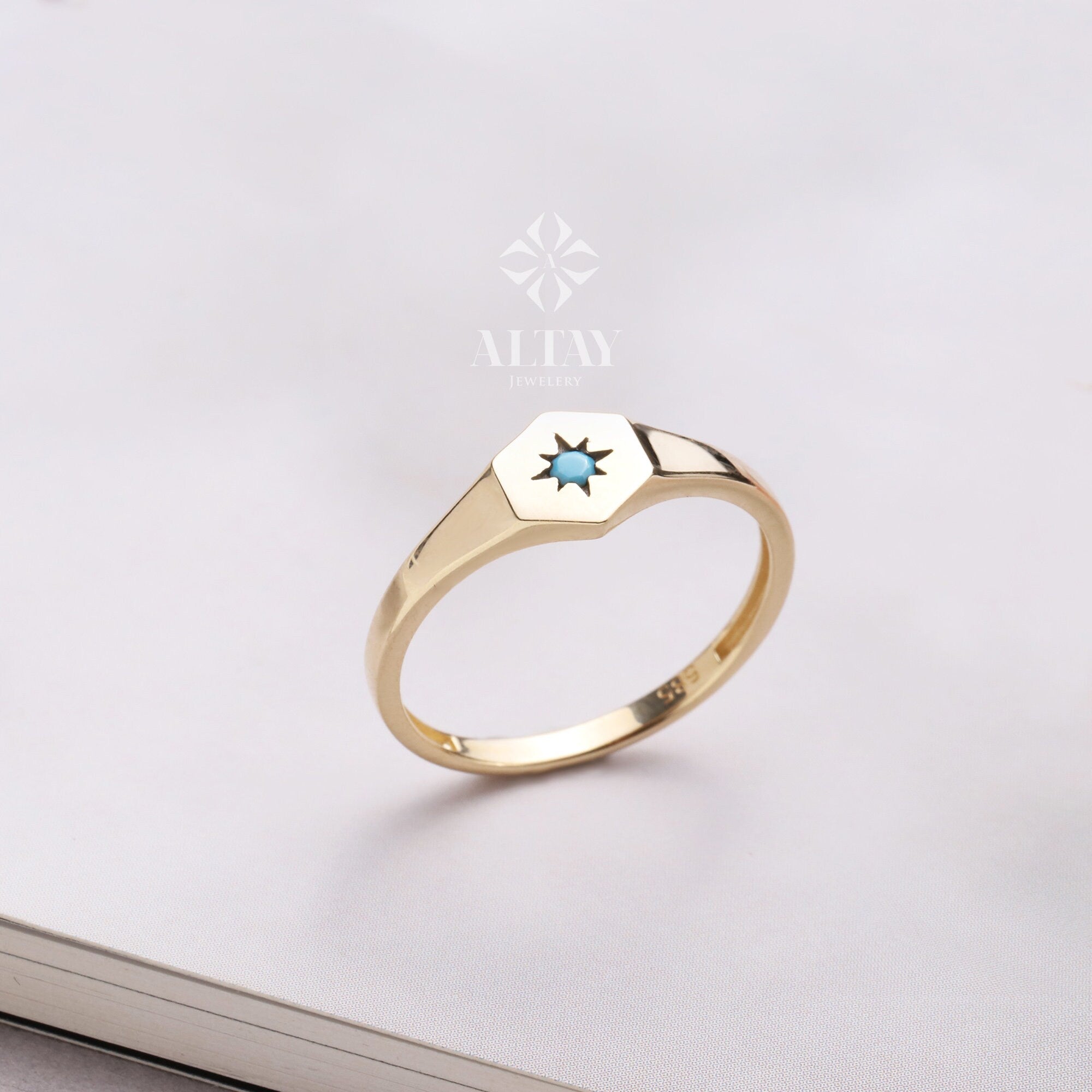 14K Gold North Star Ring, Turquoise Polar Star Band, Gold Turquoise Star Ring, Astrology Starburst Ring, Luck Star, Celestial Pinky Ring