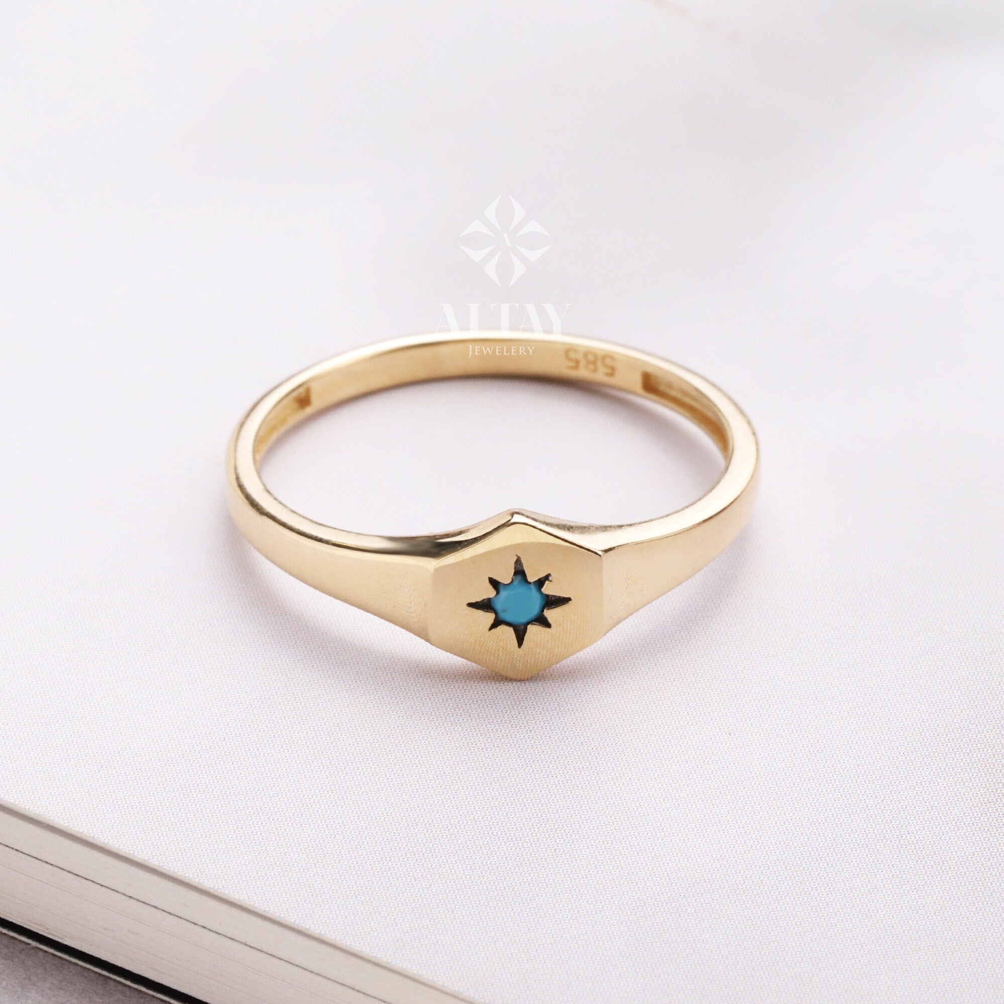 14K Gold Turquoise Stone Ring, Polar Star Band, North Star Turquoise Ring, Astrology Starburst Ring, Luck Star, Celestial Pinky Ring