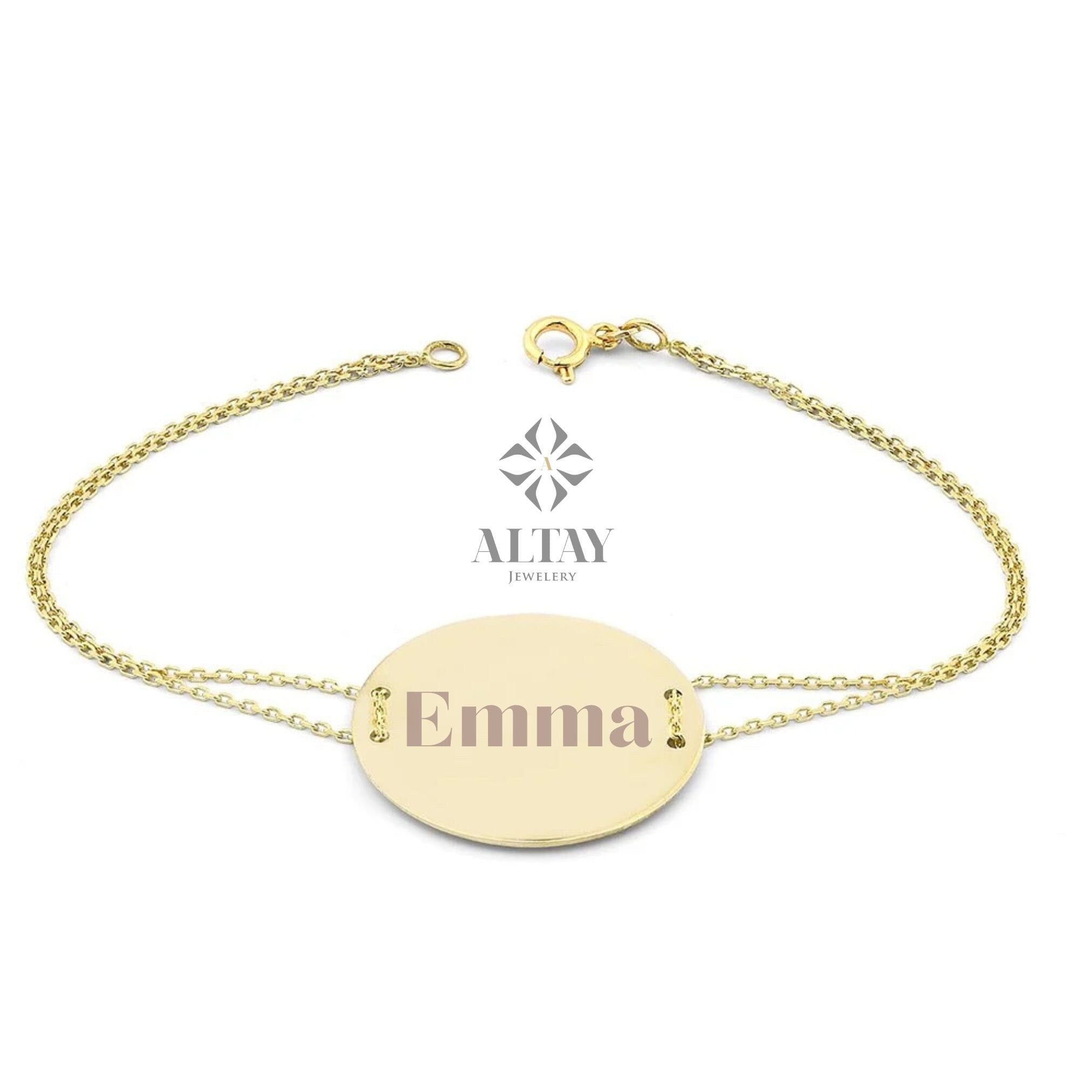 14K Gold Custom Name Bracelet, Engraved Number Bracelet, Personalized Initial Disc Bracelet, ID Bracelet, Disk Tag Friendship Bracelet