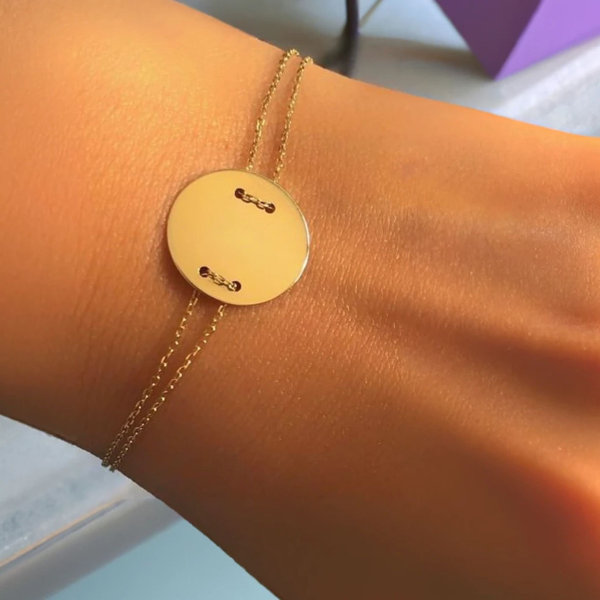 14K Gold Medical Alert ID Bracelet, Personalized Engraved Emergency Bracelet, Initial Number, Disc Bracelet, Disk Tag Women Men Bracelet