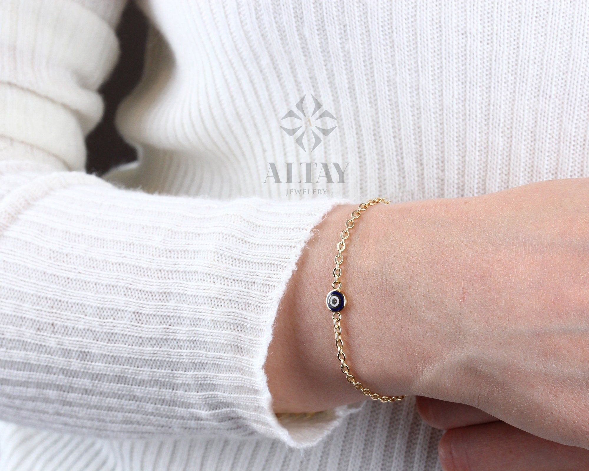 14K Gold Evil Eye Bracelet, Gold Chain Bracelet, Evil Eye Charm Bracelet, Everyday Rolo Gold Jewelry, Minimalist Jewelry, Gift for Her