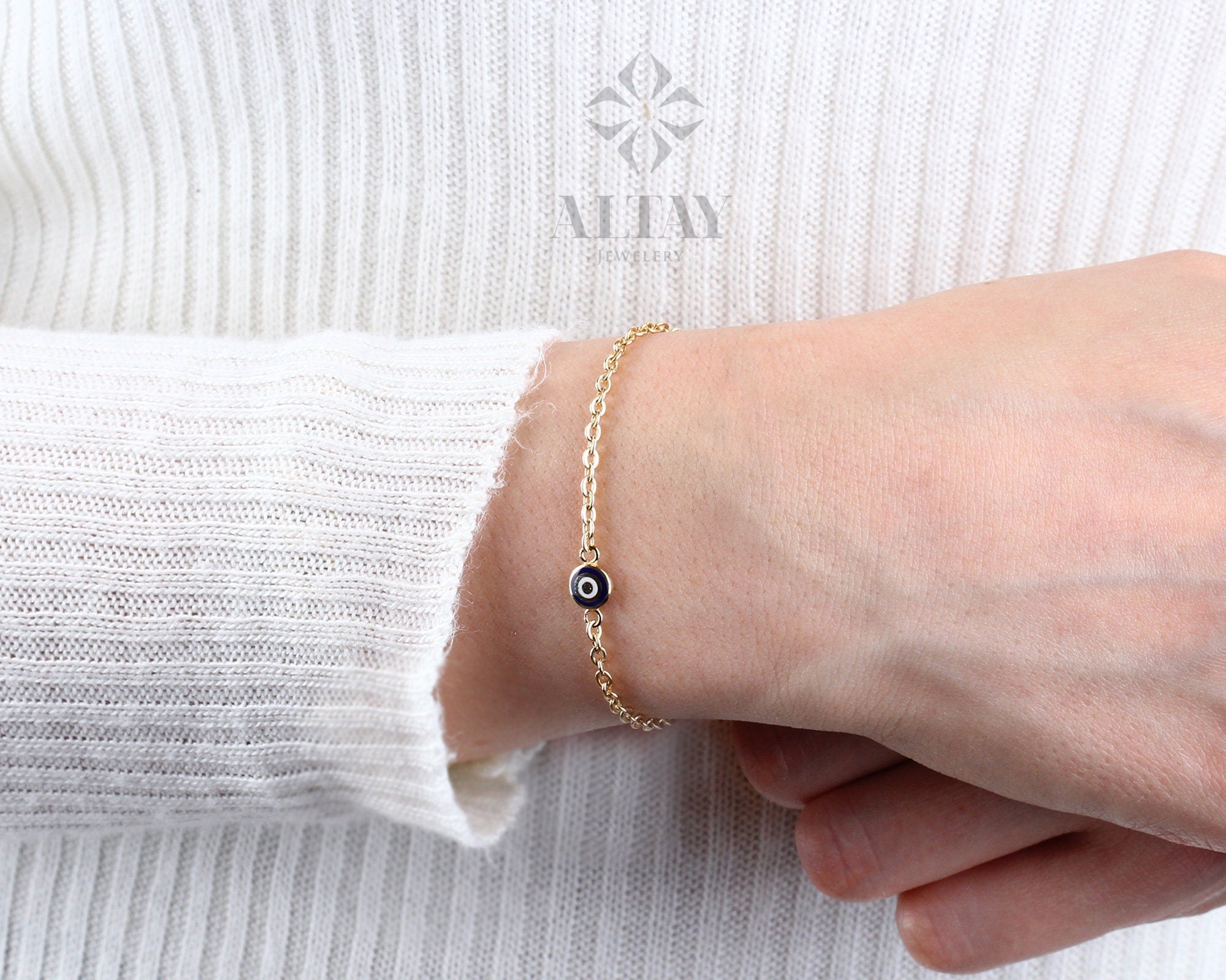 14K Gold Evil Eye Bracelet, Gold Chain Bracelet, Evil Eye Charm Bracelet, Everyday Rolo Gold Jewelry, Minimalist Jewelry, Gift for Her