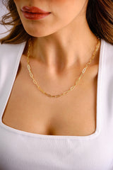 14K Gold Paperclip Chain Necklace, 3mm Rectangle Long Chain