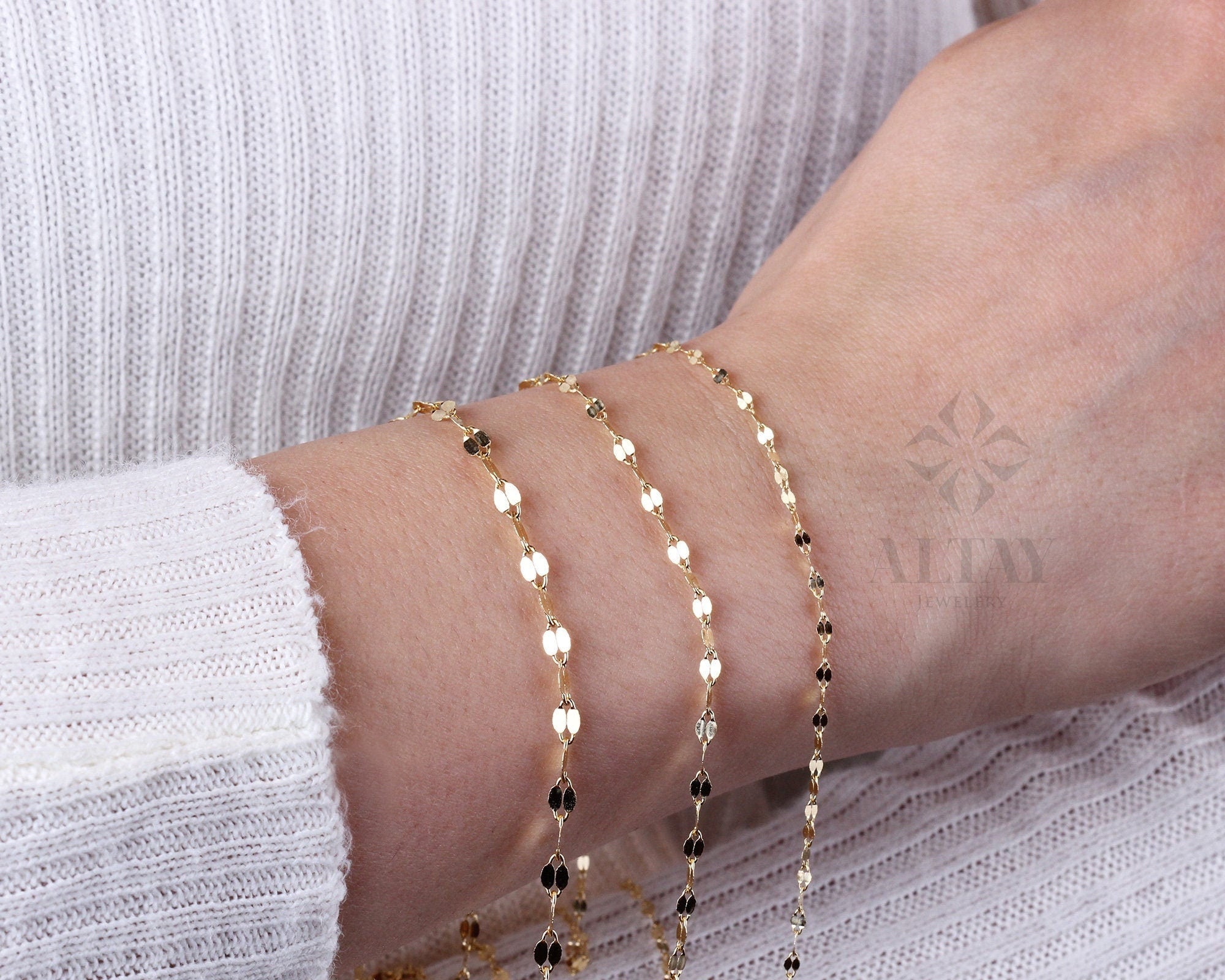 14K Gold Glitter Chain Bracelet, Sequin Sparkle Chain Bracelet, Mirror Faceted Bracelet, Minimalist Gold Bracelet, Flat Link Chain Bracelet