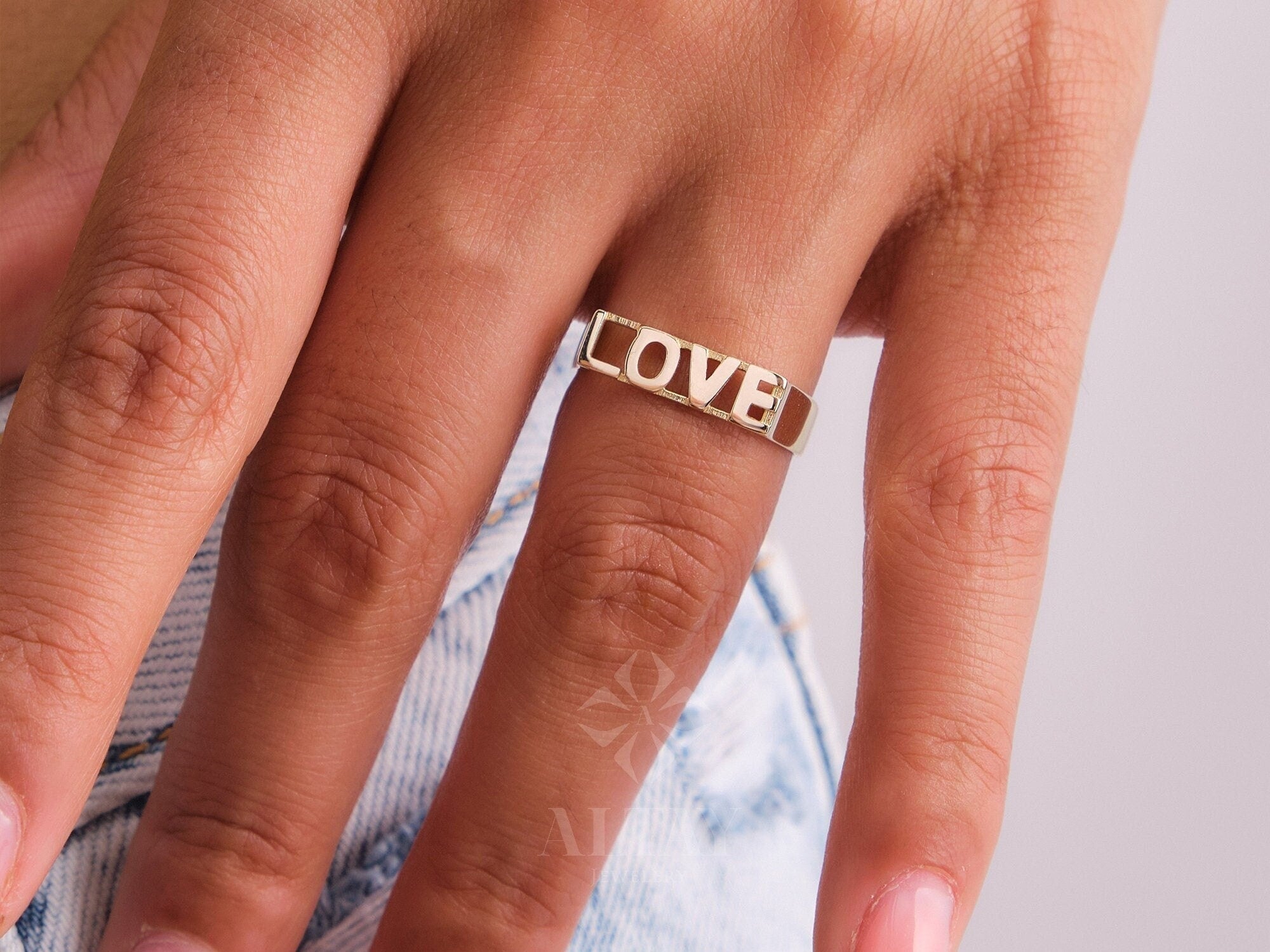 14K Gold Love Ring, Love Word Signet Ring, Stackable Love Ring, Dainty Script Love Ring, Love Engraved Gold Ring, Love Jewelry, Engagement