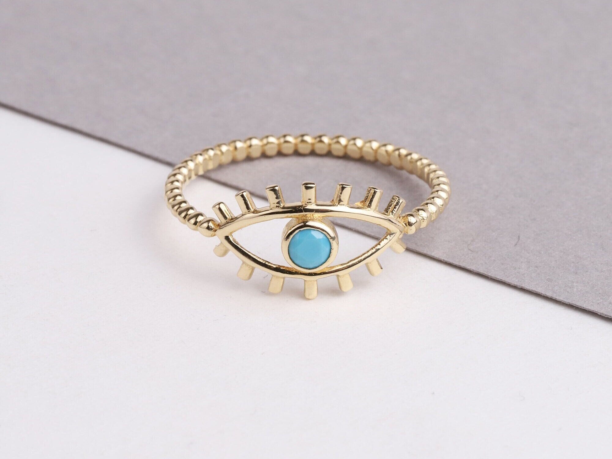 14K Solid Gold Evil Eye Ring, Turquoise Stone, Good Luck Ring,Dainty Ring, Stackable Ring, Gift For Her, Minimal Ring, Delicate Fashion Ring