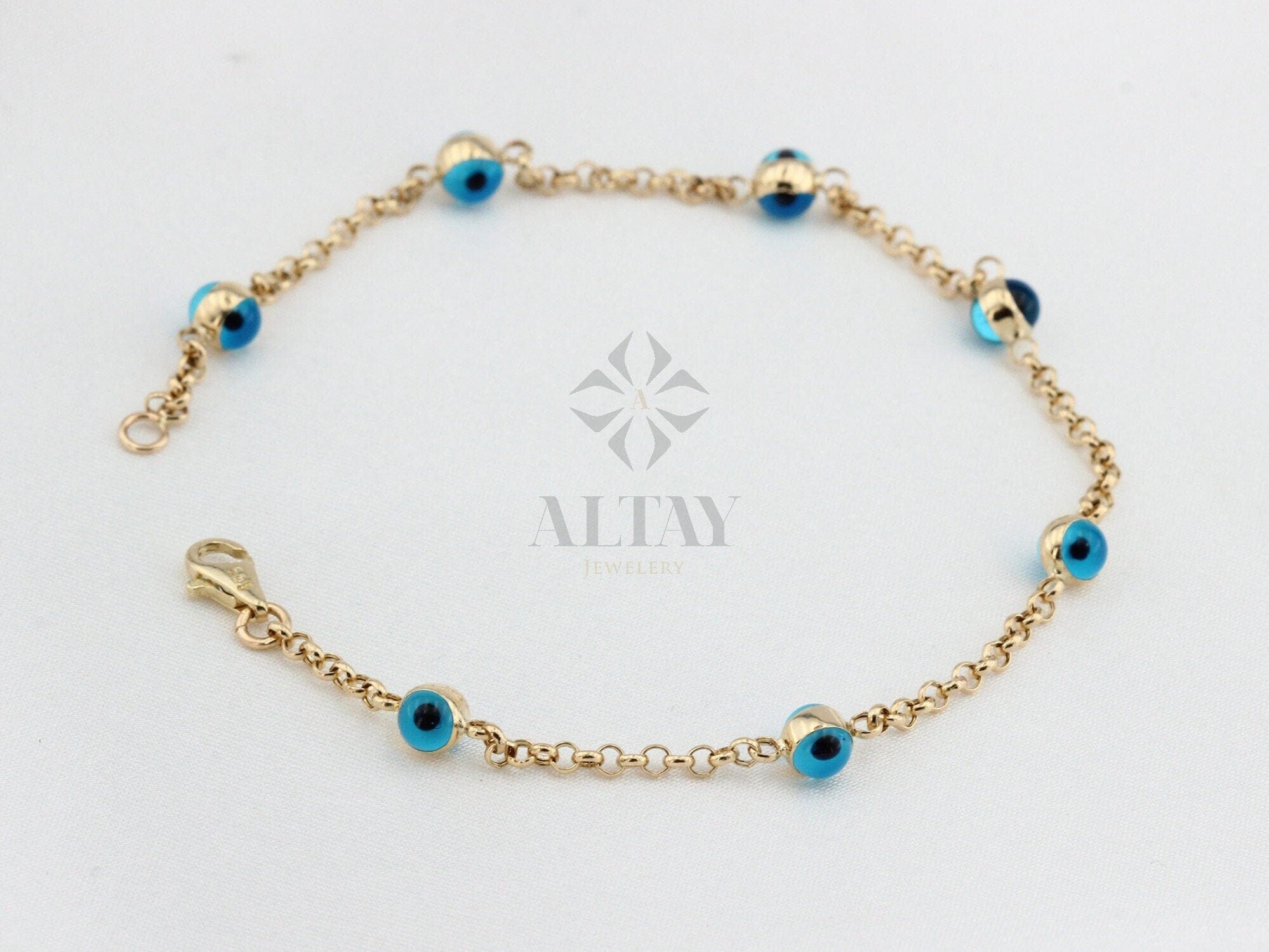 14K Gold Evil Eye Bracelet, Gold Chain Bracelet, Evil Eye Charm Bracelet, Everyday Rolo Gold Jewelry, Minimalist Jewelry, Gift for Her