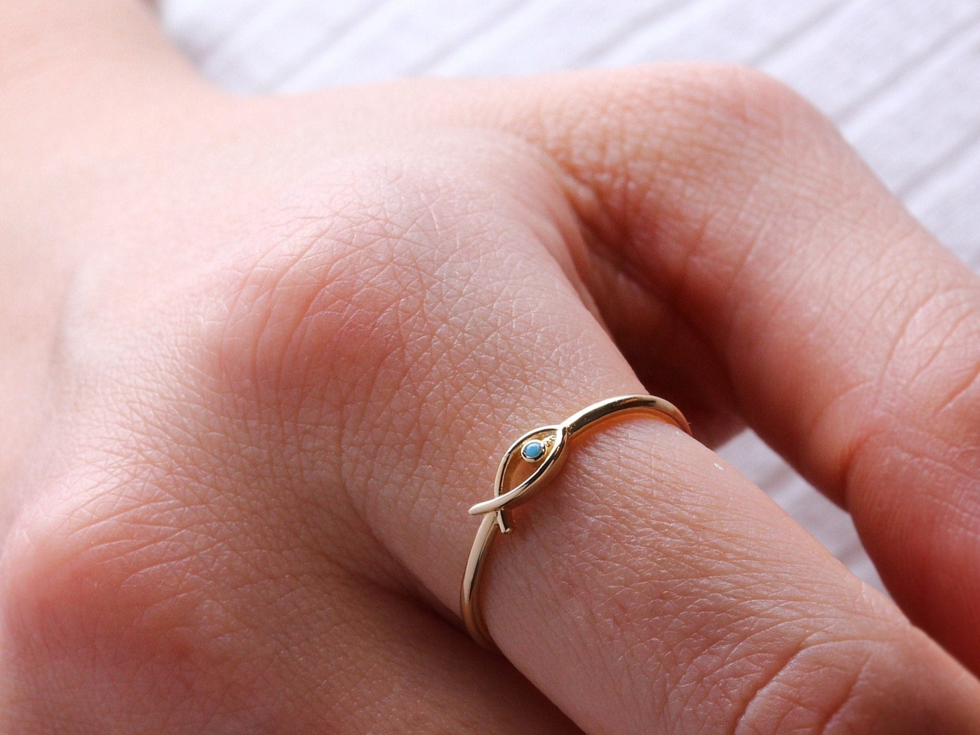 14K Gold Fish Ring, Ichthus Fish Minimal Ring, Turquoise Dainty Gold Stacking Ring, Horoscope Marine Jewelry, Good Luck, Gift for Her