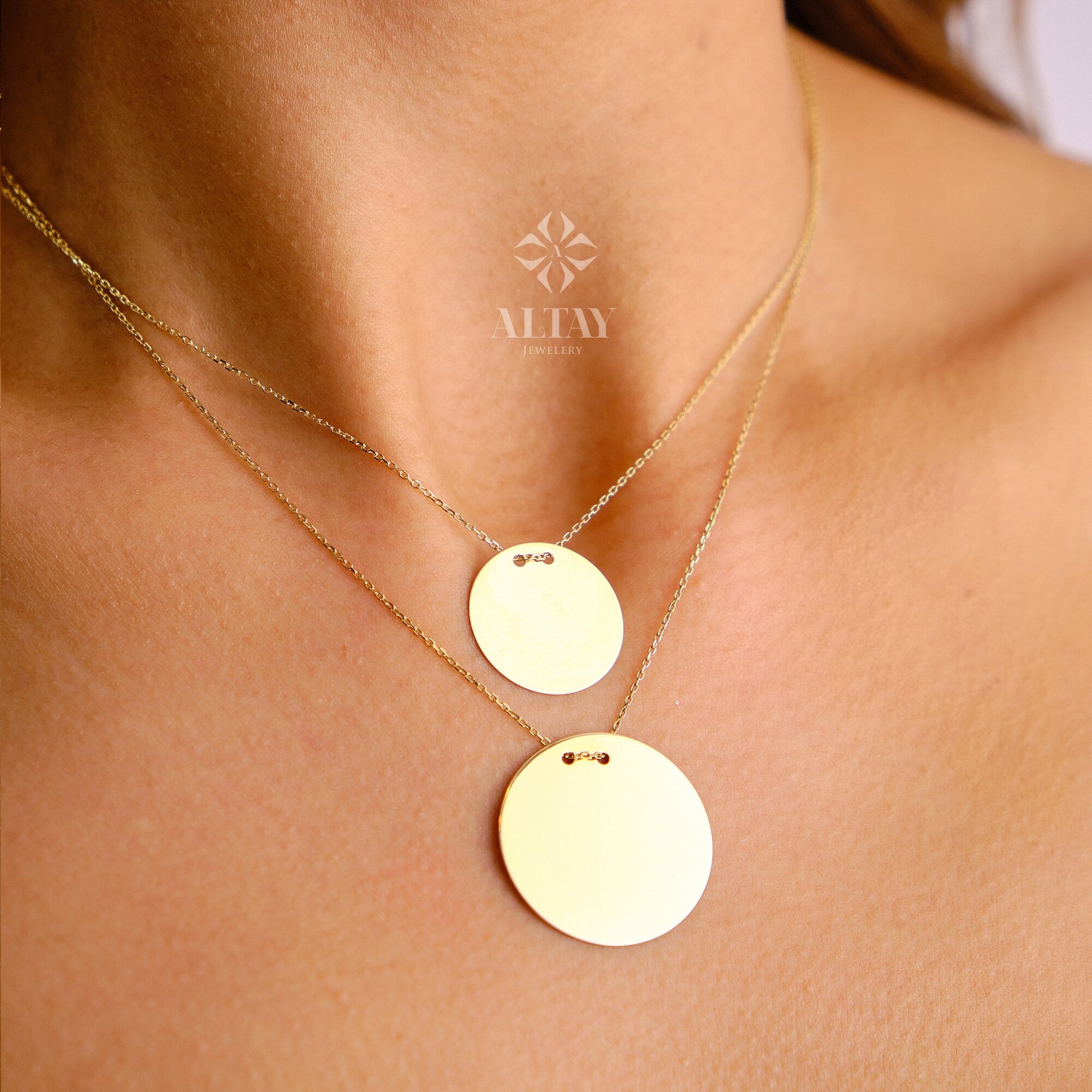 14K Solid Gold Personalized Disk Necklace, Custom Name Coin Necklace, Engraved Date Coin, Initial Disk Minimal Charm, Gift For Her