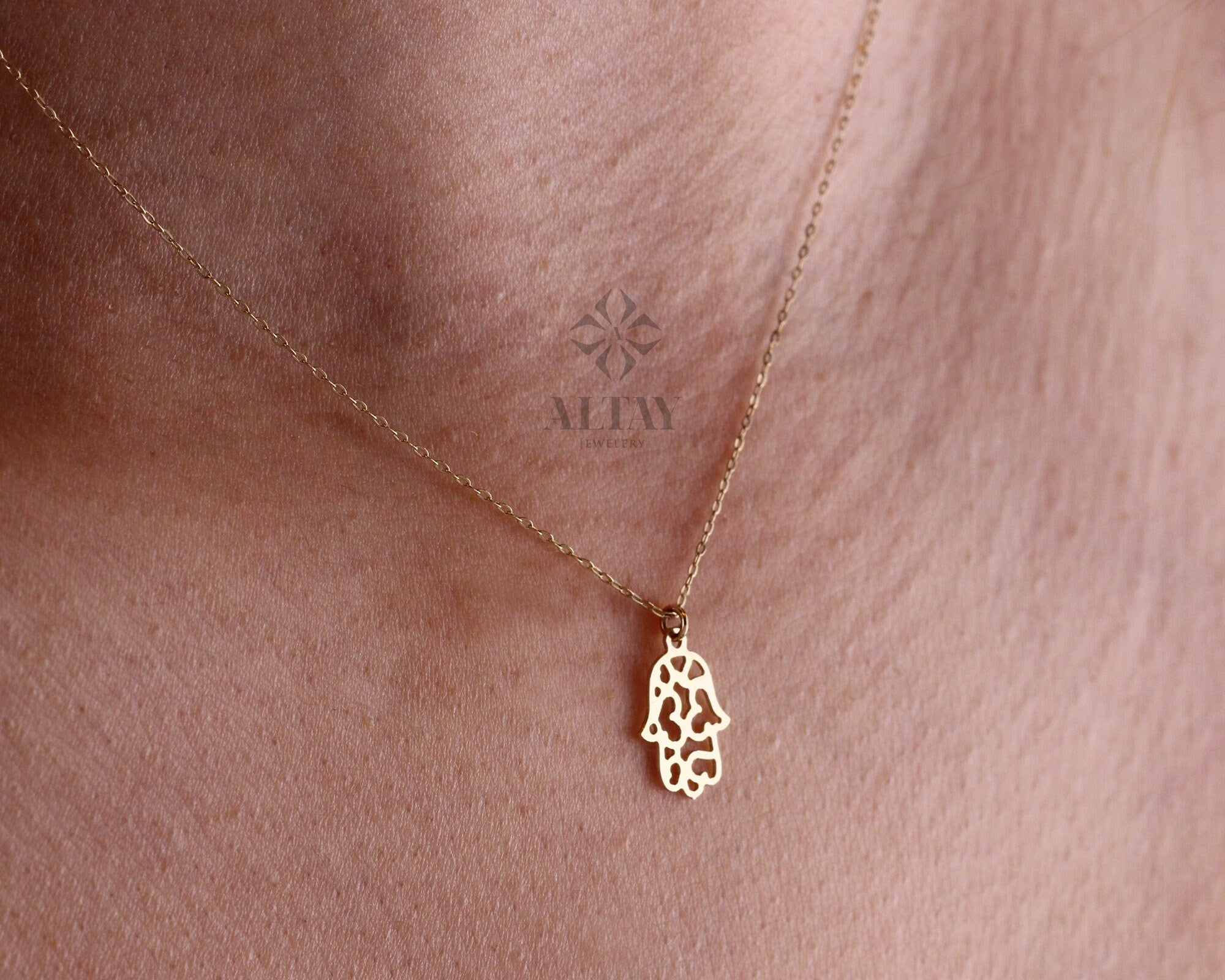 14K Gold Hamsa Necklace, Fatima Hand Pendant, Evil Eye Charm Pendant Choker, Religious Jewelry, Hand Charm, Minimalist Protection, Gift