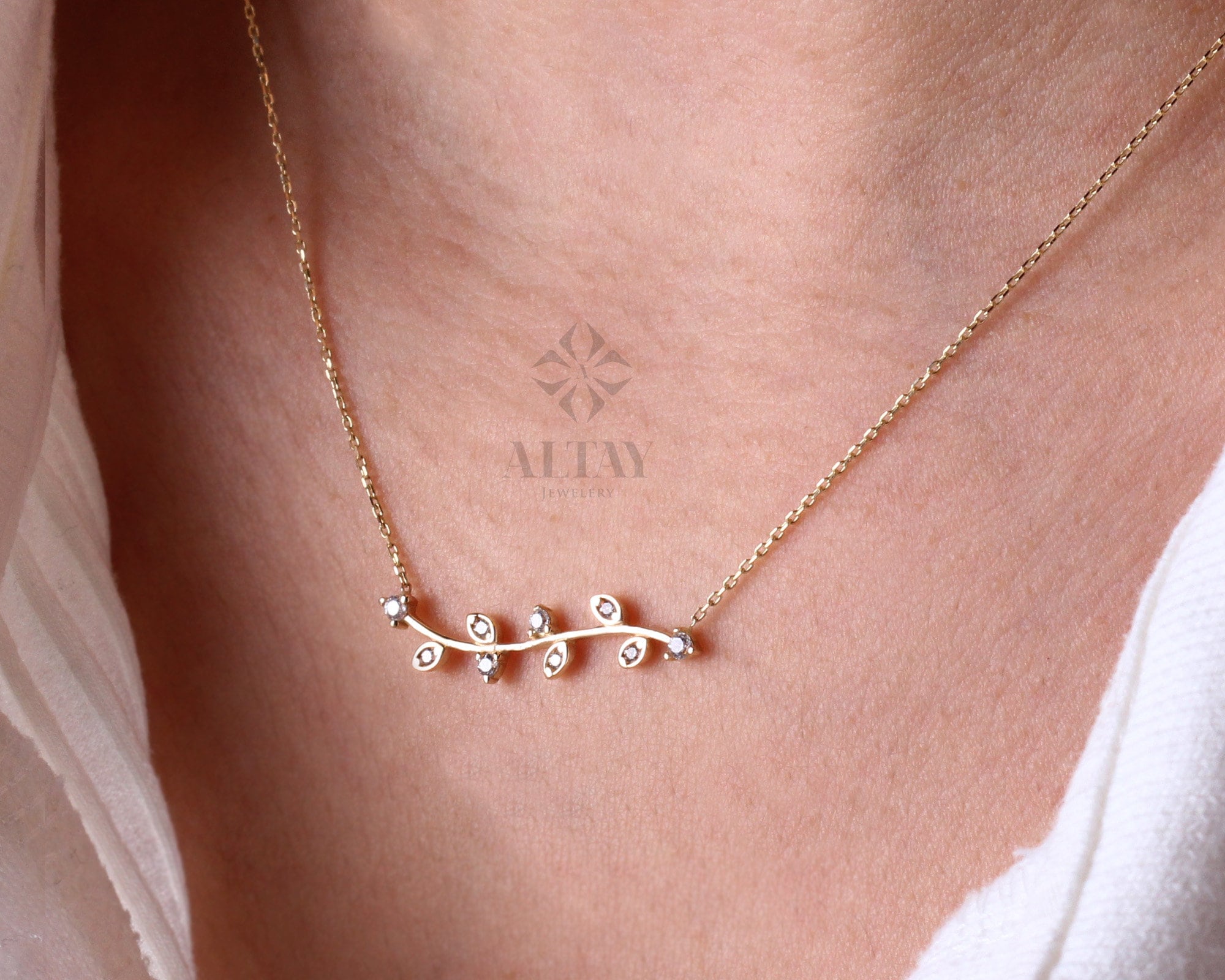 14K Gold Olive Branch Necklace, Gold Leaf Choker, Olive Leaf Charm, Cz Diamond Stone Necklace, Leaf Necklace, Christmas, Gift For Her