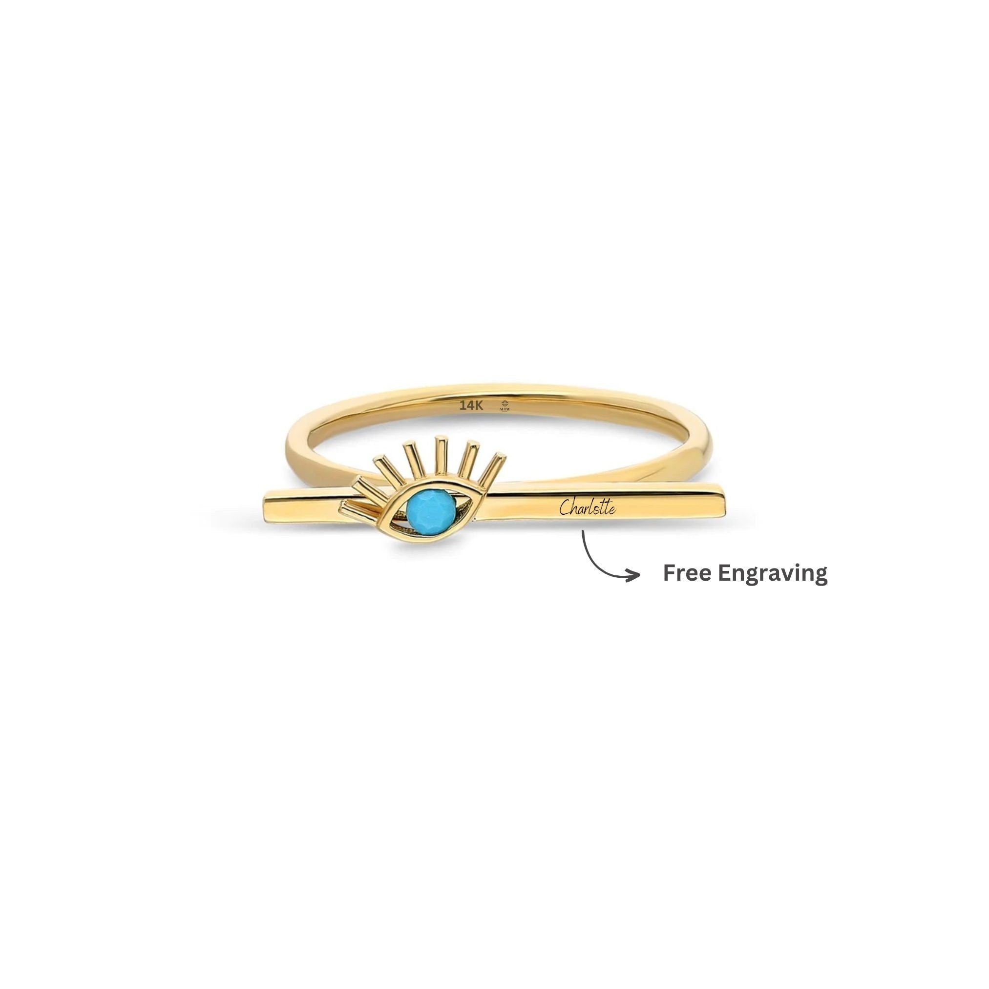 14K Gold Evil Eye Bar Ring, Personalized Name Ring, Custom Rectangle Ring, Stackable Dainty Ring, Engraved Turquoise Ring, Good Luck Symbol