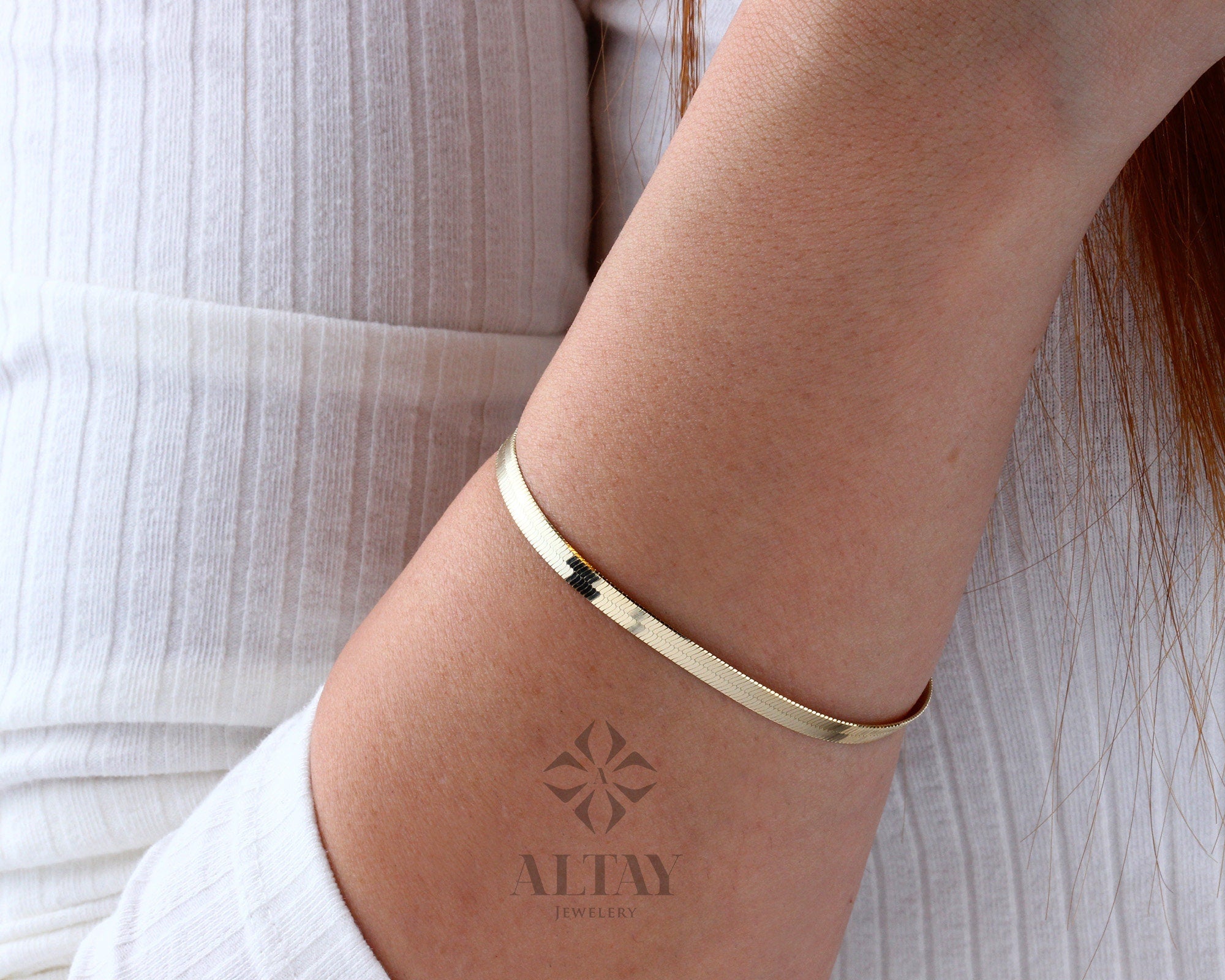 14K Gold Herringbone Bracelet, Custom Gold Herringbone Chain, Flat Gold Chain Bracelet, Simple Gold Chain Bracelet, Herringbone Anklet Gift