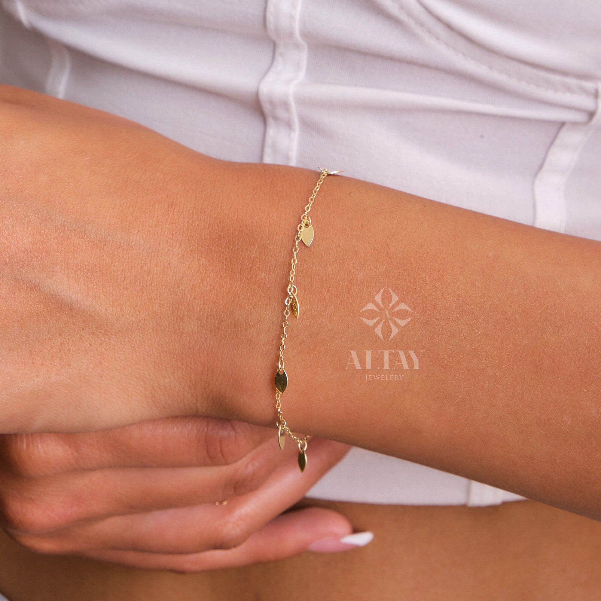 14K Gold Dangling Leaf Bracelet, Leaf Charm Bracelet, Coin Charm Chain Bracelet Jewelry