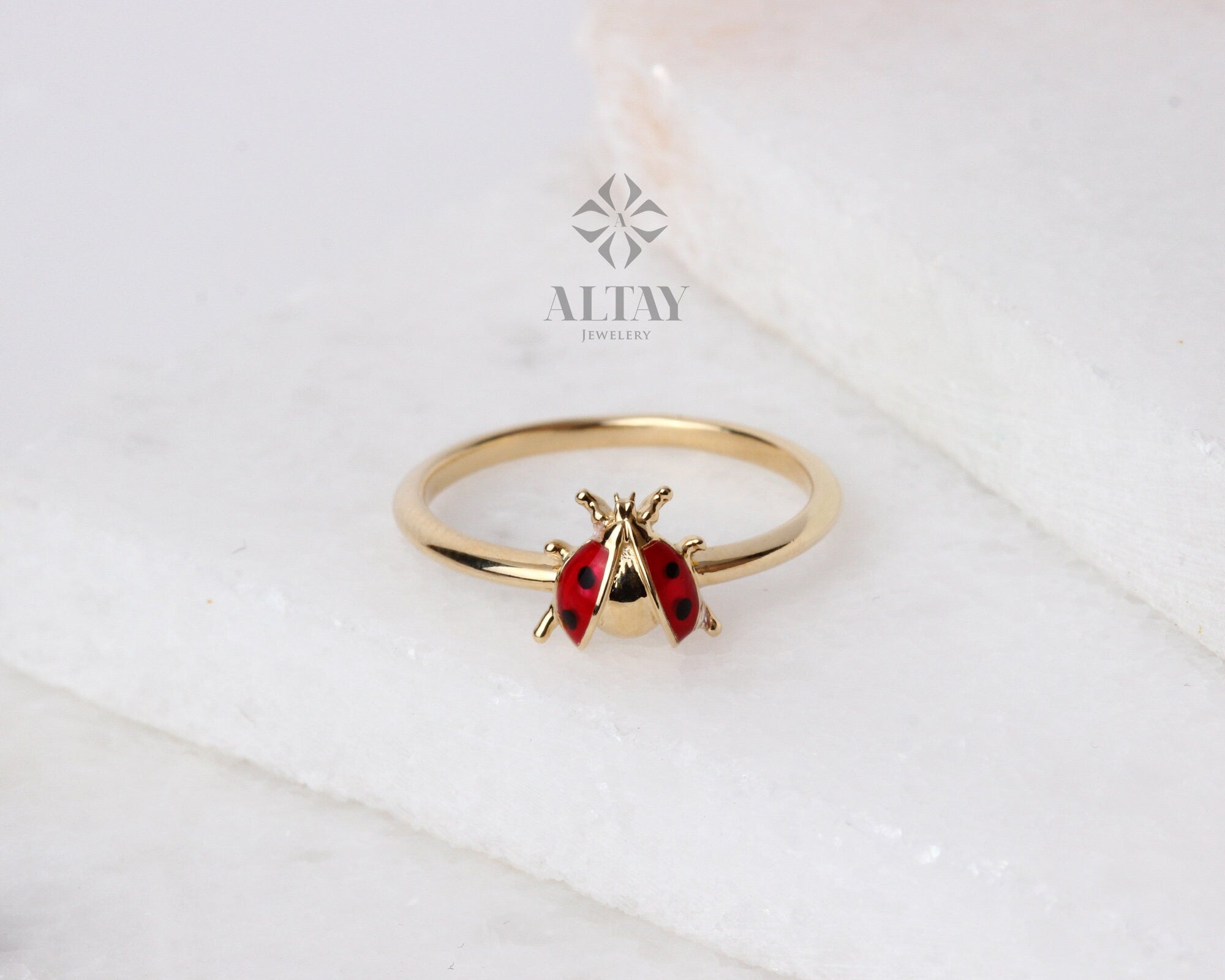 14K Gold Ladybug Ring, Ladybird Ring, Cute Animal Jewelry, Red Enamel, Good Luck Ring, Gold Dainty Stacking Ring, Christmas Gift For Her