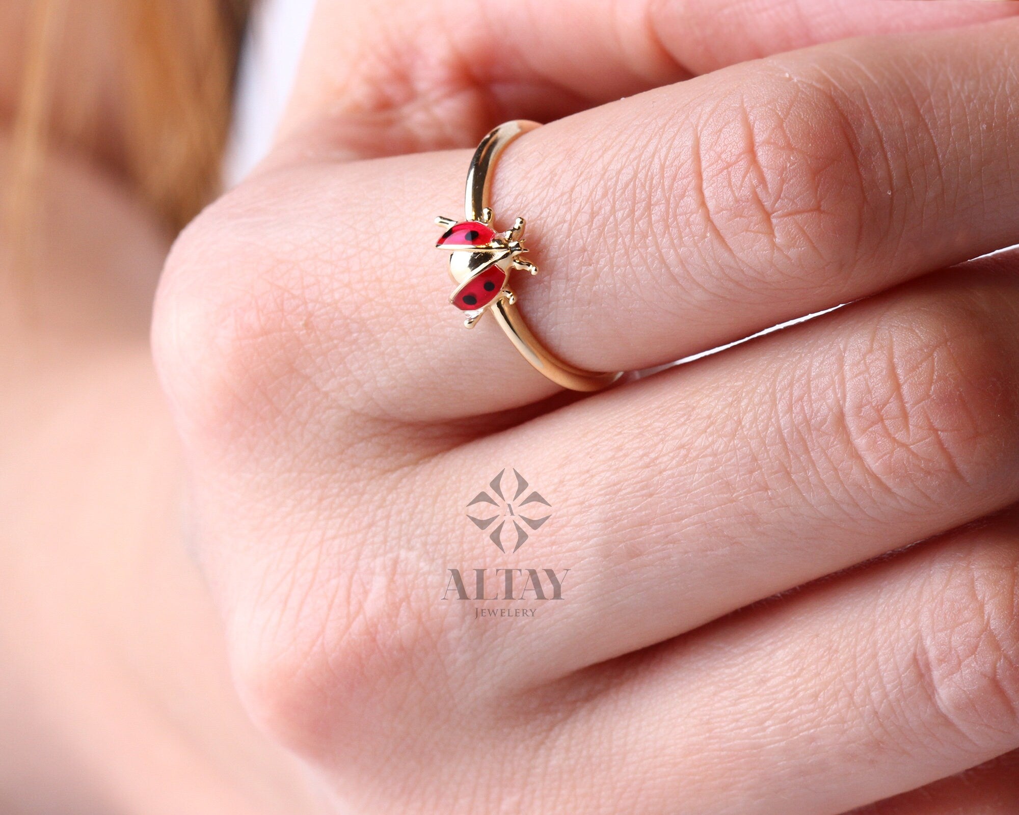 14K Gold Ladybug Ring, Ladybird Ring, Cute Animal Jewelry, Red Enamel, Good Luck Ring, Gold Dainty Stacking Ring, Christmas Gift For Her